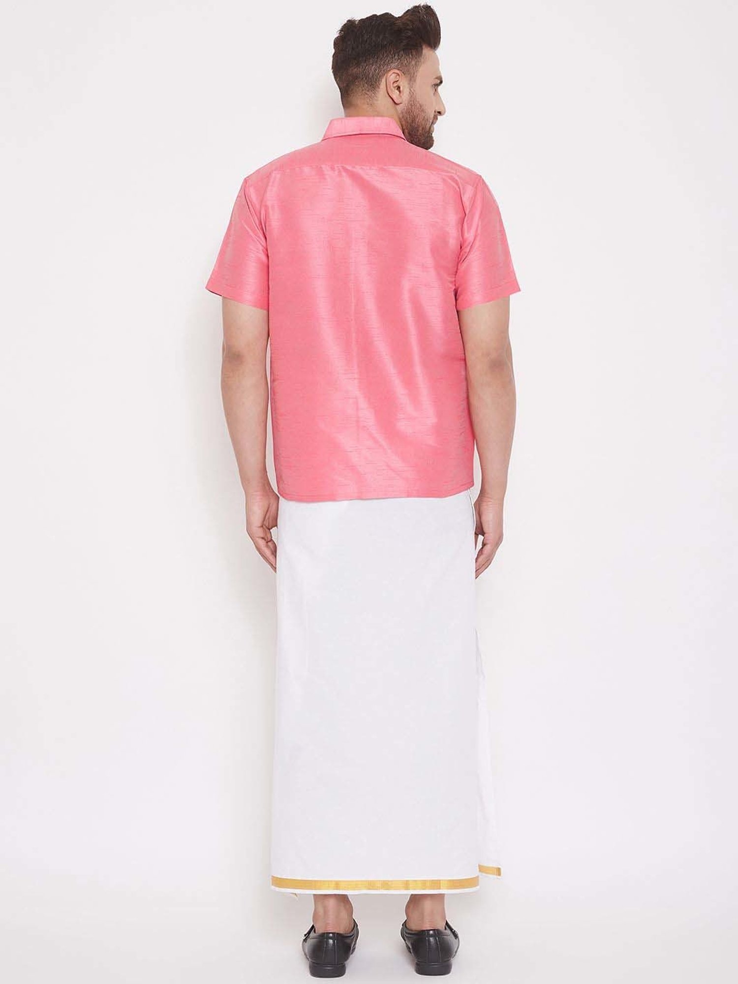Vastramay Pink & White Regular Fit Ethnic Shirt With Mundu