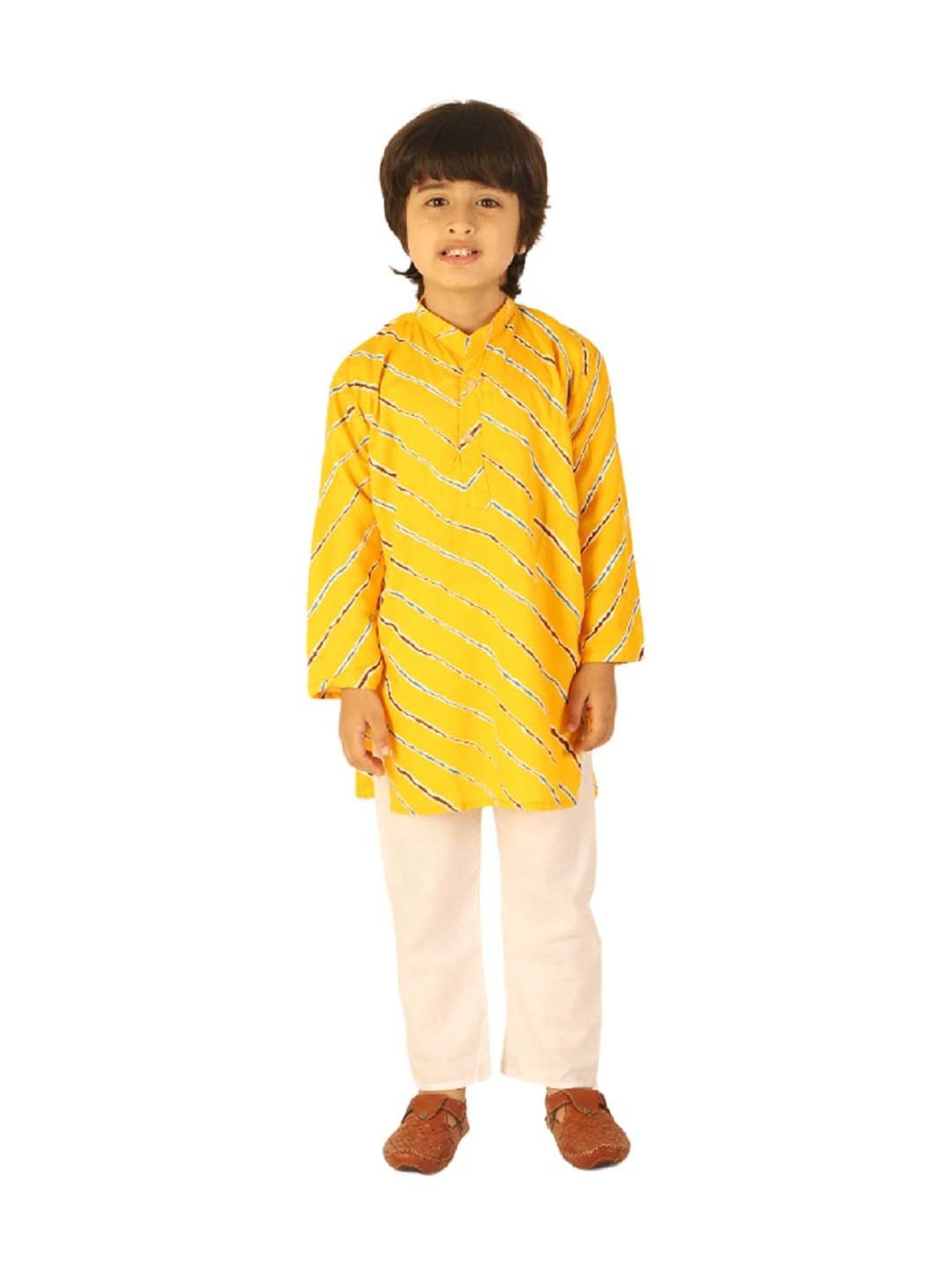 Ahhaaaa Kids Yellow & White Cotton Striped Full Sleeves Kurta Set