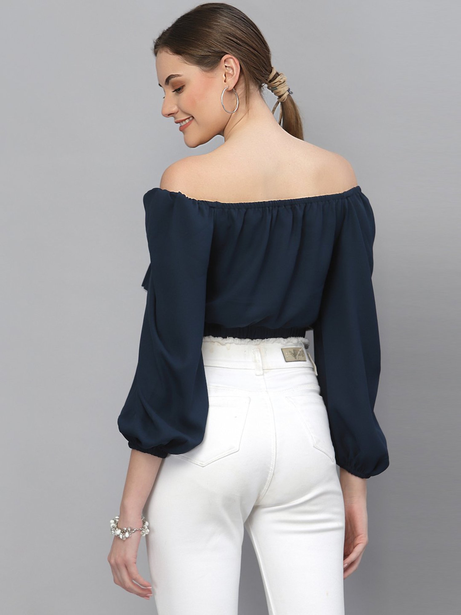 Style Quotient Navy Off Shoulder Crop Top