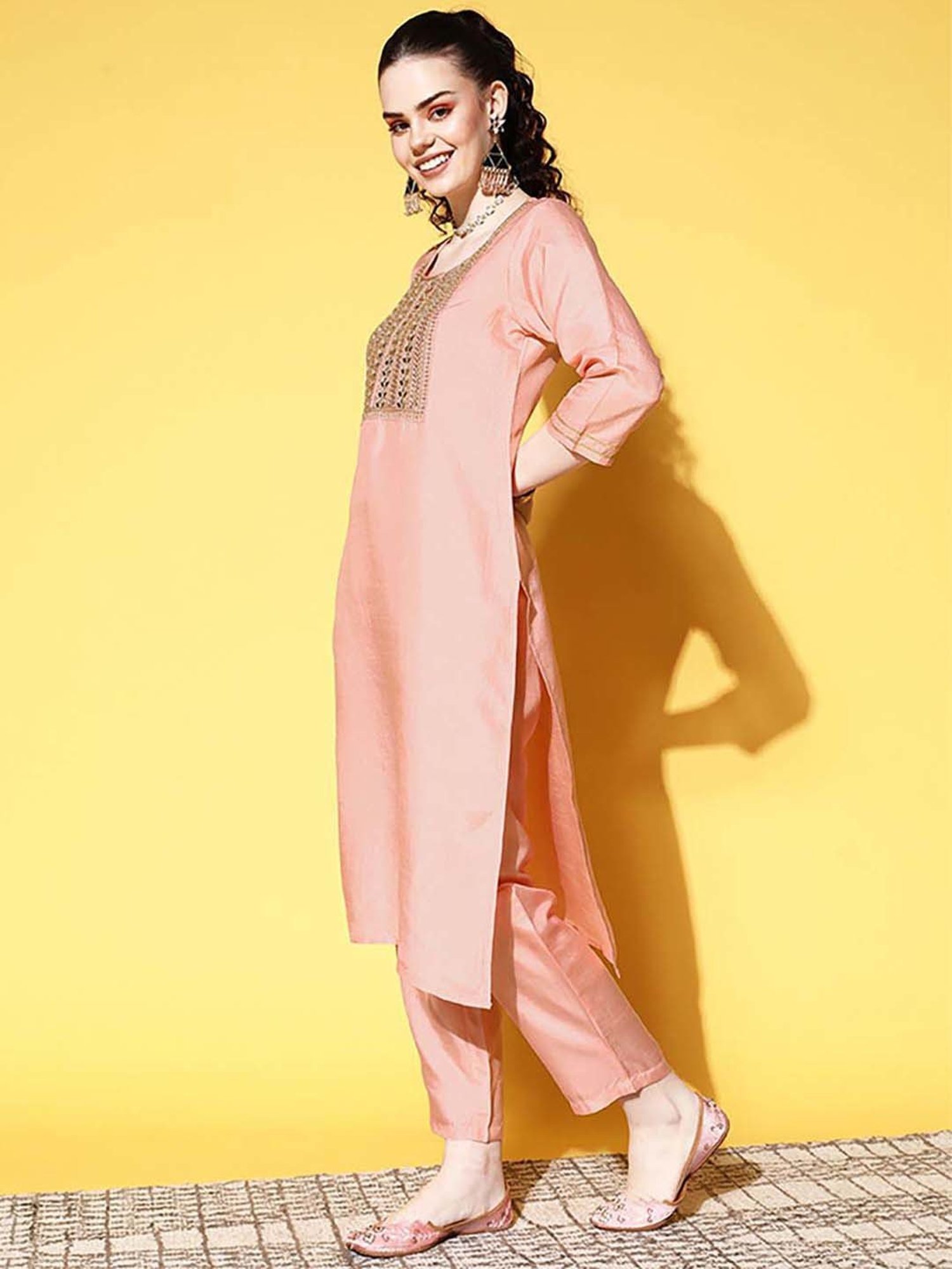 Ishin Peach Embellished Kurta & Pant Set With Dupatta