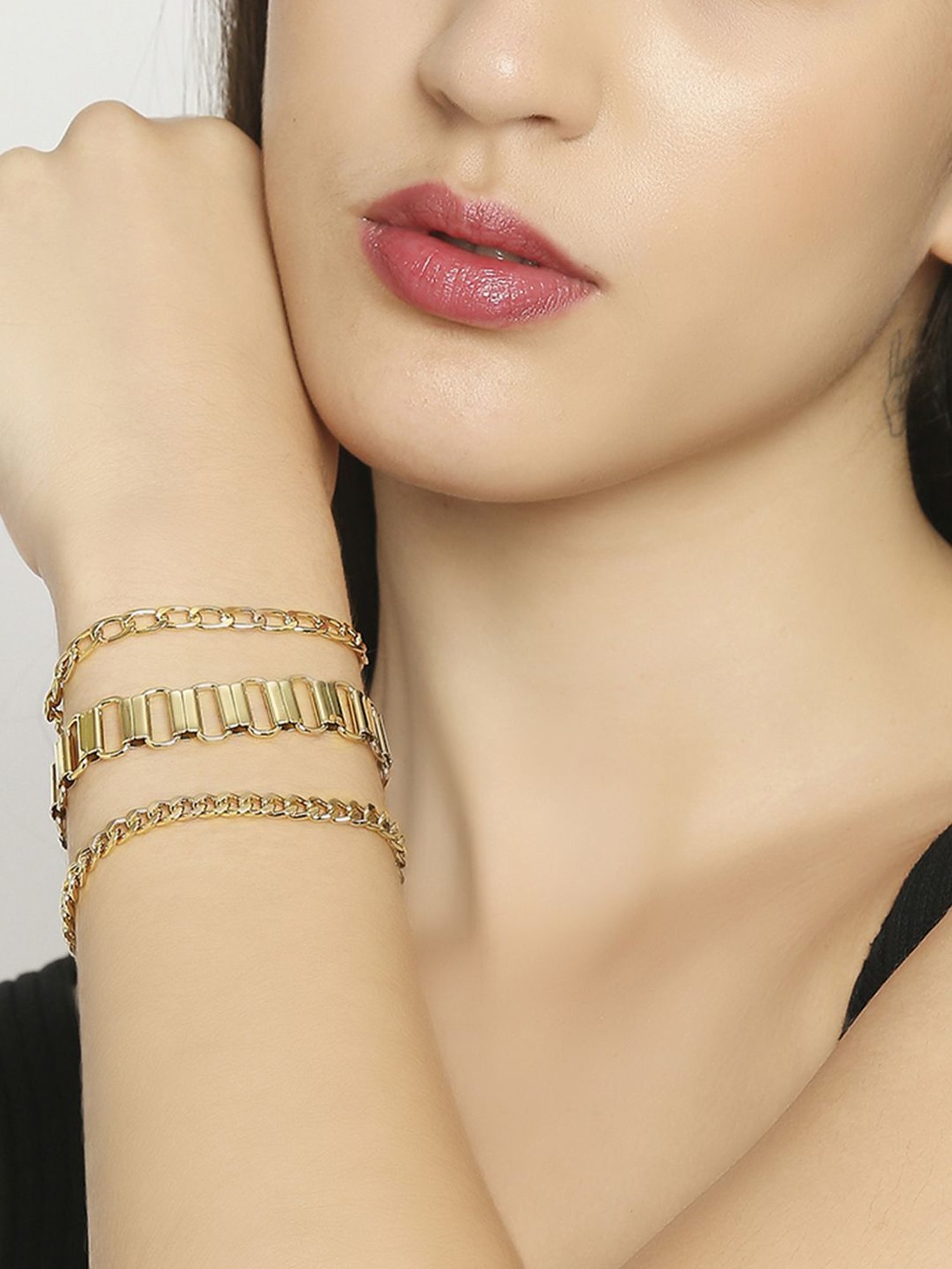 OOMPH Link Chain Multi Layer Stylish Latest Bracelet for Women - Set of 3