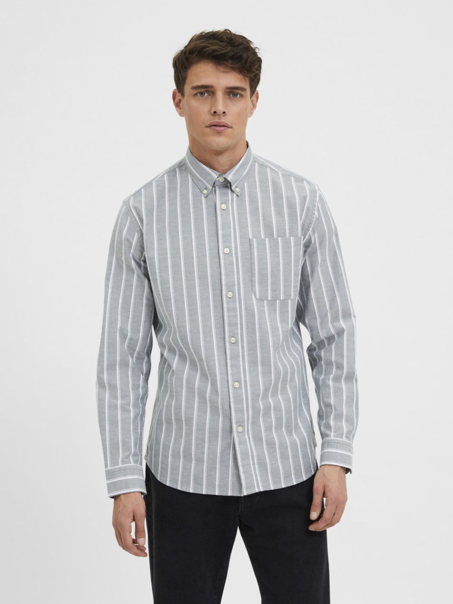 SELECTED HOMME Grey Cotton Regular Fit Striped Shirt