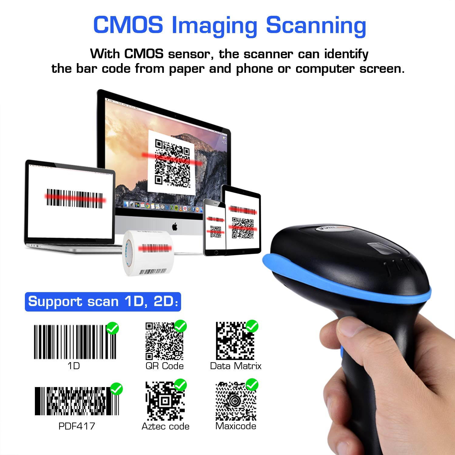 Werleo Wireless 2D Barcode Scanner 2 in 1 2.4GHz Wireless & USB 2.0 Wired 1D 2D Barcode Reader with Stand Datamatrix PDF417 QR Bar Code Scanner for Mobile Payment Computer Screen