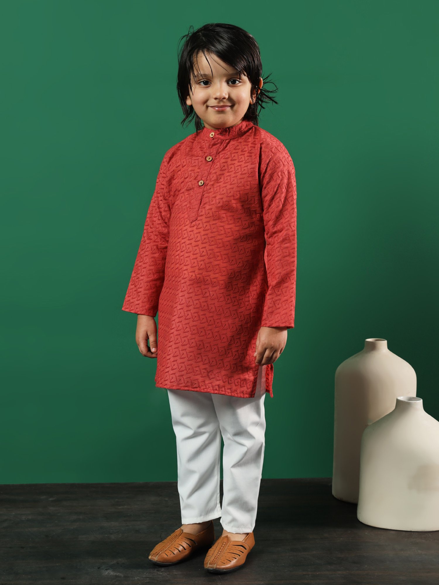 READIPRINT FASHIONS Kids Dark Peach & White Embroidered Full Sleeves Kurta with Pyjamas