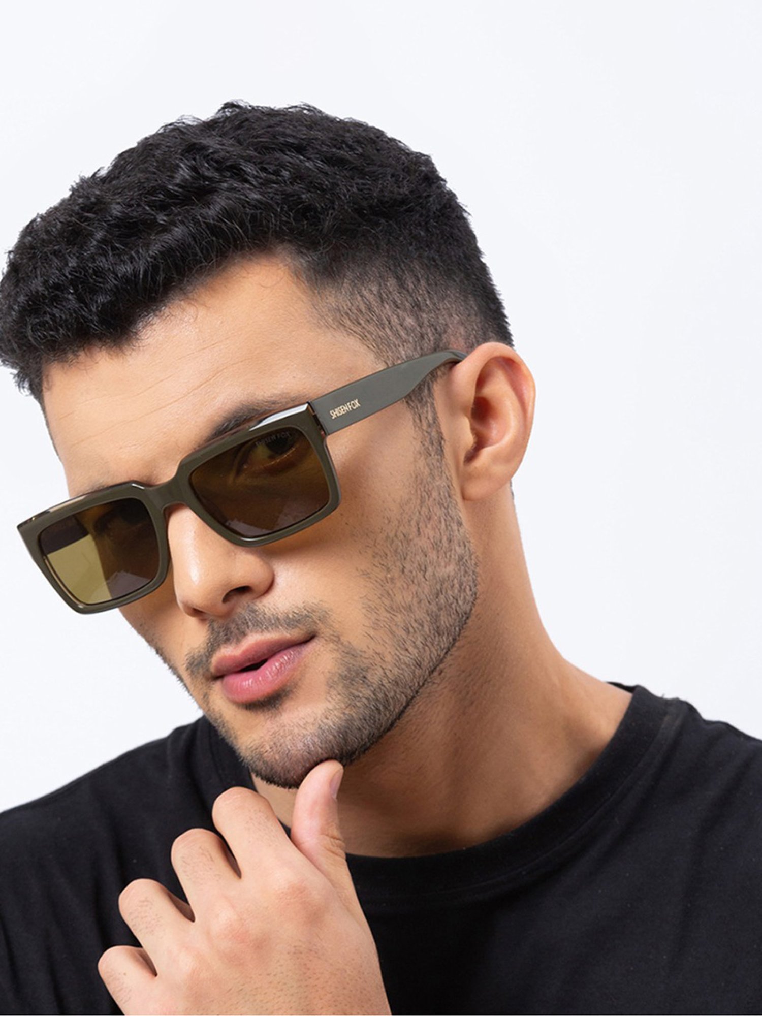 Shisen Fox Kokoro Olive Crystal Rectangular Unisex UV Protection Sunglasses -54 mm