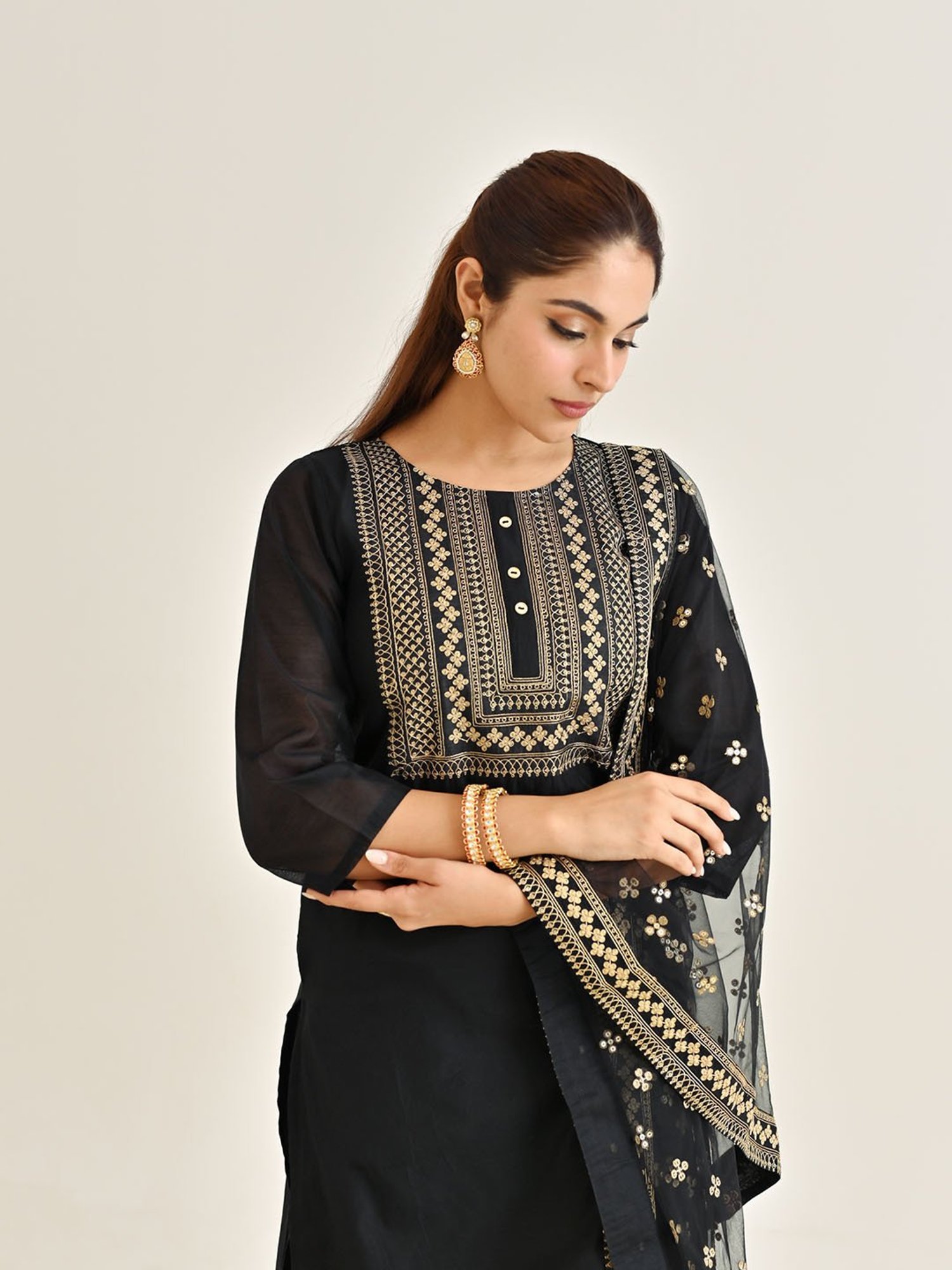 Rustorange Black Embroidered Kurta With Pant & Dupatta