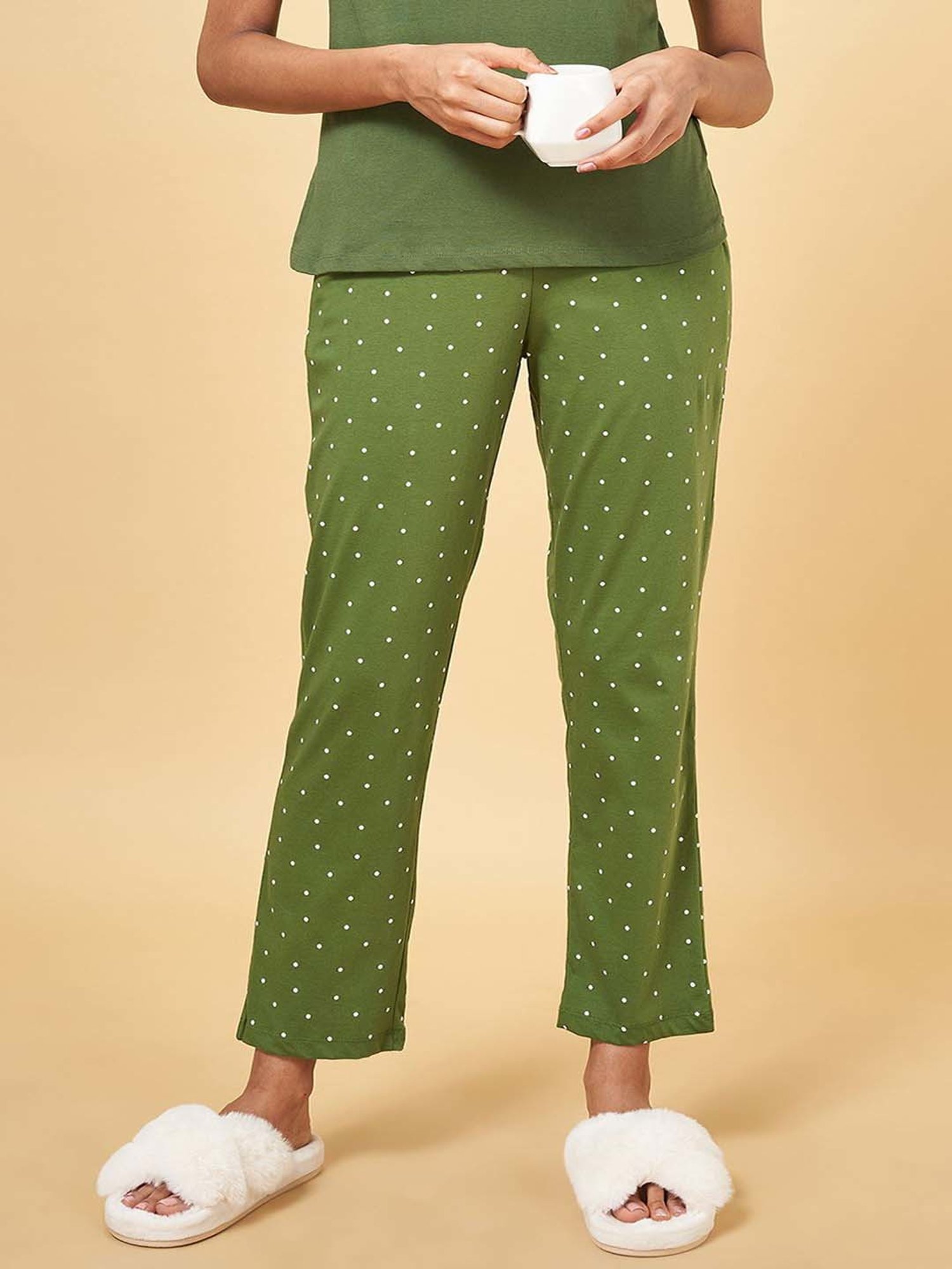 Dreamz by Pantaloons Olive Green Cotton Polka Dots Pyjamas