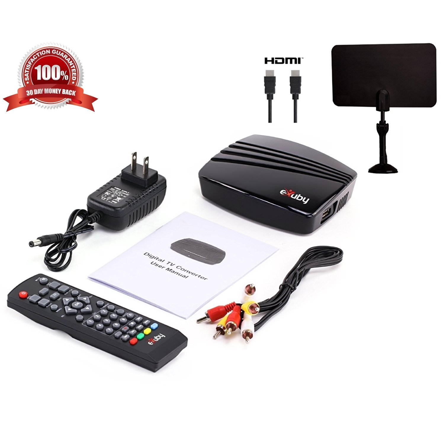 eXuby Digital Converter Box for TV, Antenna, HDMI and RCA Cable - Complete Bundle to View, Record HD Channels for Free (Instant or Scheduled Recording, 1080P HDTV, HDMI Output and 7 Day Program Guide)