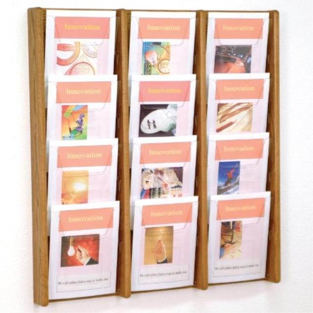 Wooden Mallet Books Newspaper Magazine Holders Stance 12 Pocket Wall Display Rack 3"x4" Medium Oak