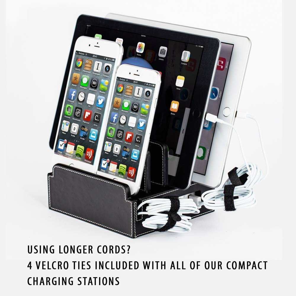 Compact Universal Desktop Cell Phone & Tablet/eReader/Kindle Charging Station, with Set of Cable Ties. Multiple Finishes Available - Black Leatherette