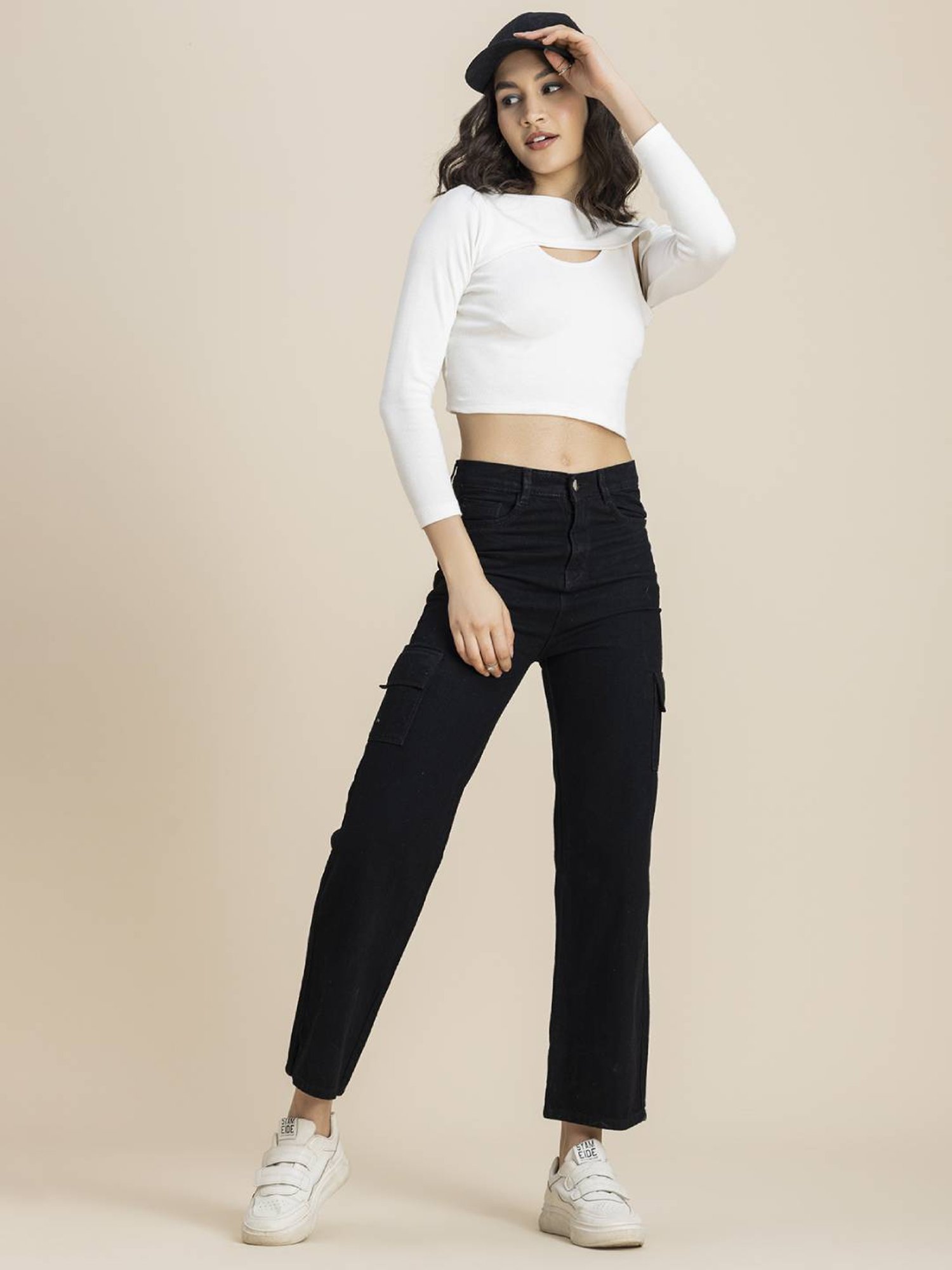 Moomaya White Slim Fit Crop Top