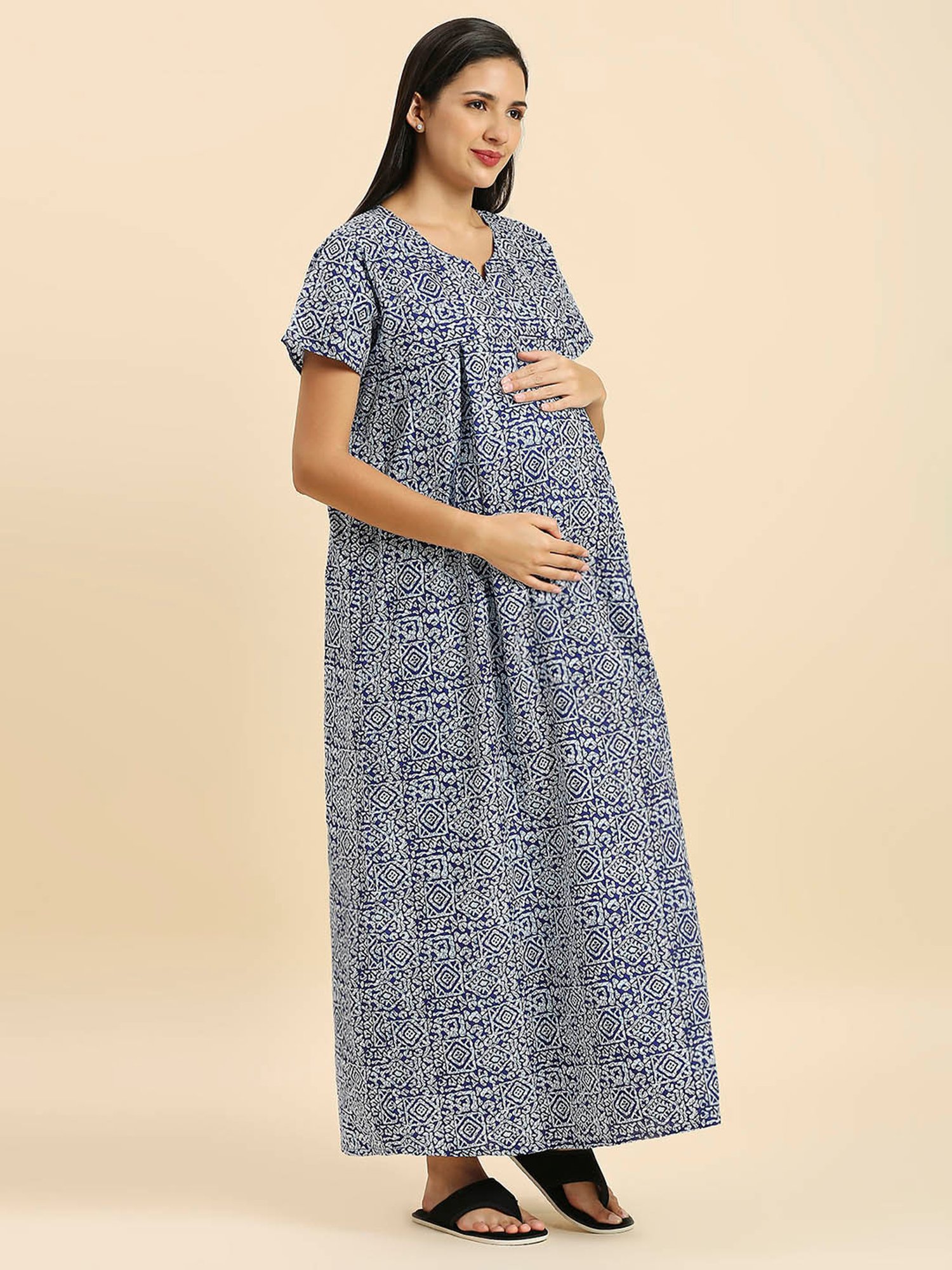 MomToBe Blue Cotton Printed Feeding Nighty