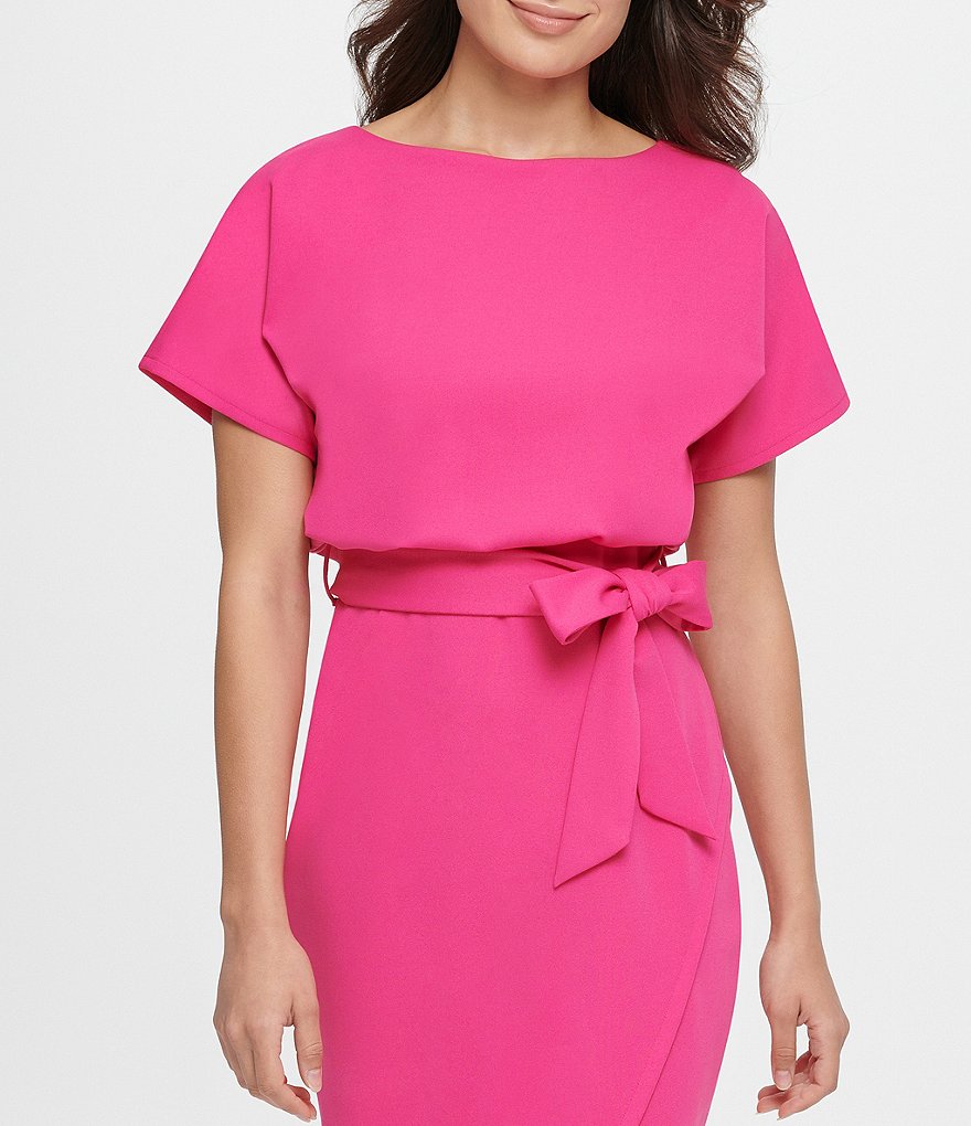 Kensie Textured Knit Boat Neck Tie Waist Short Sleeve Blouson Dress