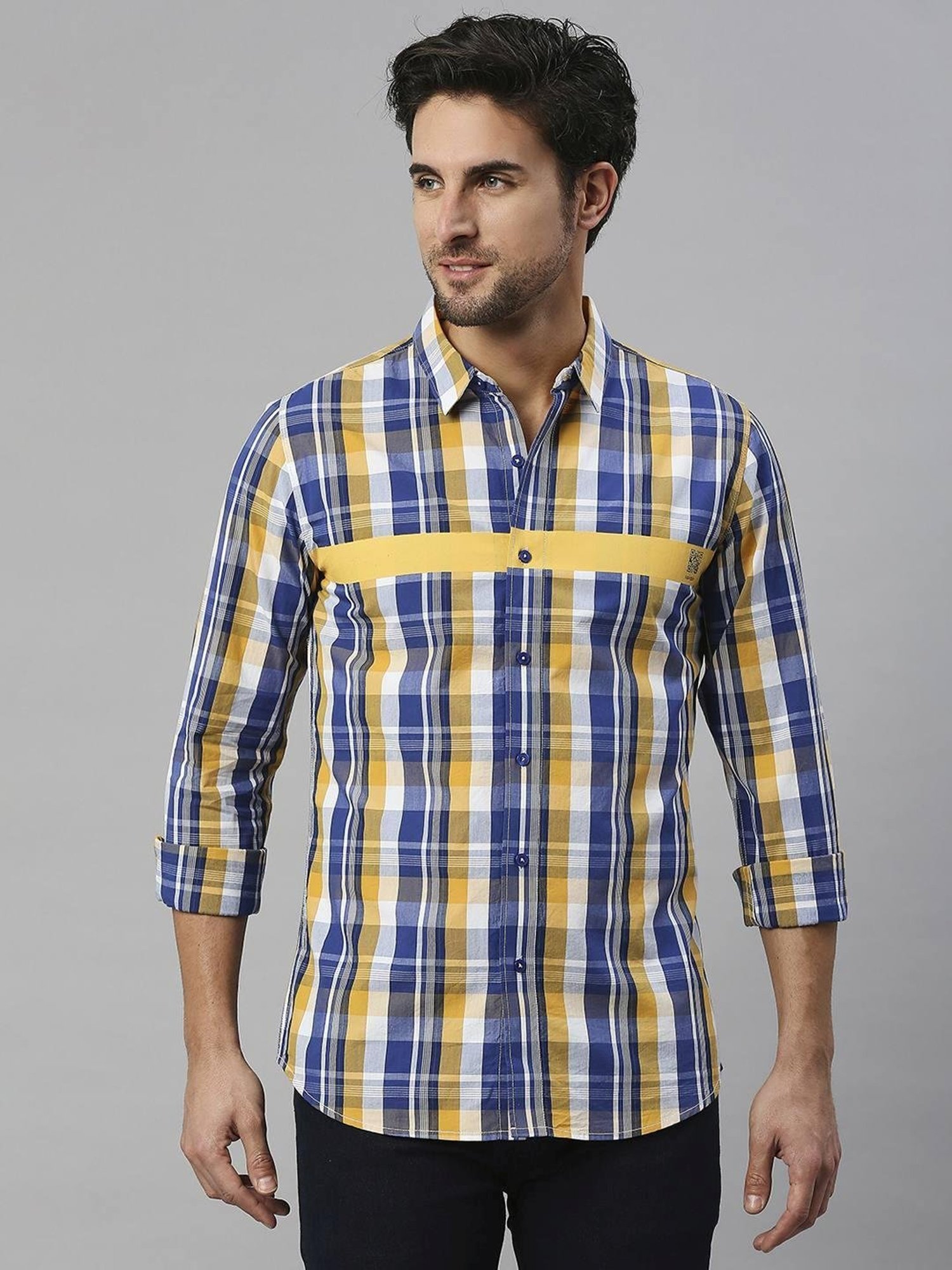 SOLEMIO Navy & Mustuard Cotton Slim Fit Checks Shirt