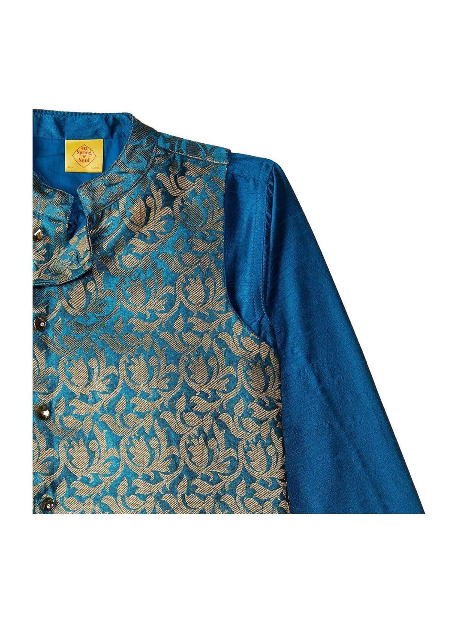 612 League Kids Blue & Beige Printed Kurta, Waistcoat With Pyjama