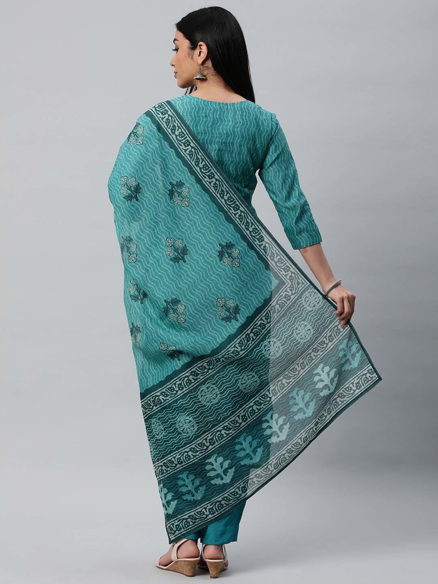 Kami Kubi Teal Printed Unstitched Dress Material