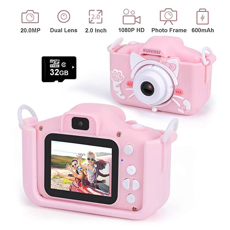 Digital Camera Child Camcorder, Girls Birthday Toy Gifts for 4-13-Year-Old Children, Update Dual Cameras 20.0MP Toddler Video Recorder 1080P IPS 2" Screen with 32G TF Card, Cat Soft Silicone Case