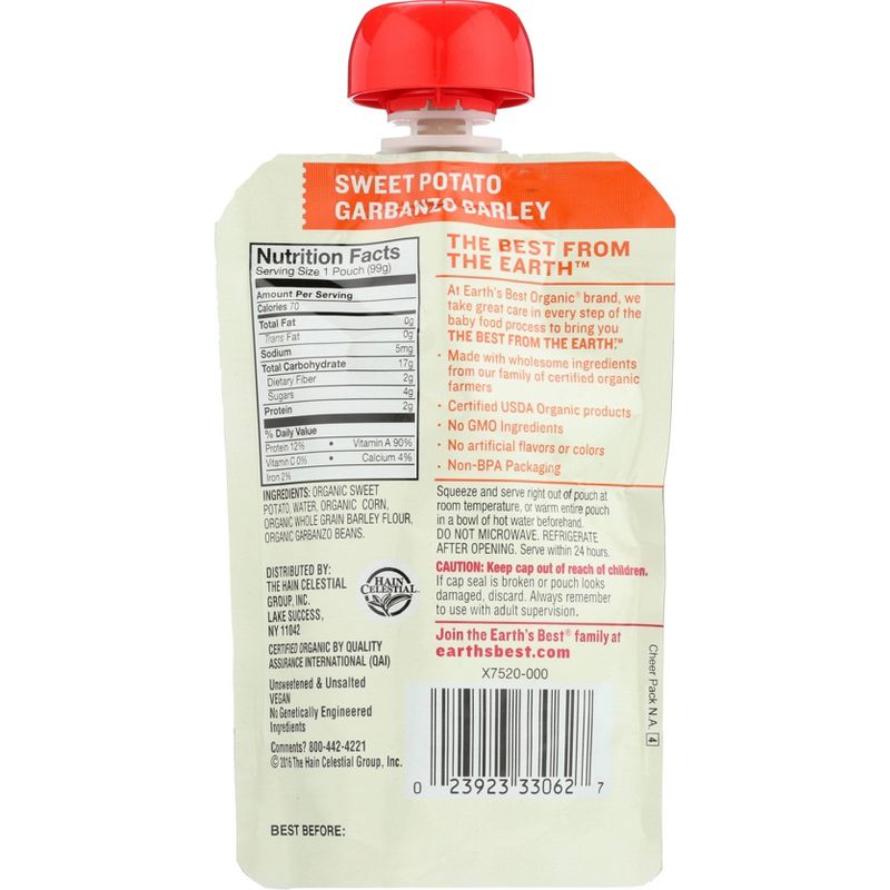 Earth's Best Organic Sweet Potato Garbanzo Barley Baby Food Pouch - 3.5oz
