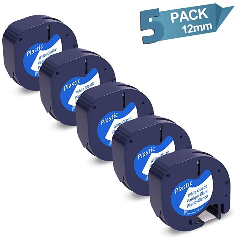 Compatible Label Tape Replacement for DYMO Label Maker Refills 12mm x 4m 12 in x 13 ft White LetraTag Plastic 91331 Work with DYMO LetraTag Label Maker Machine LT100H LT100T 5 Pack