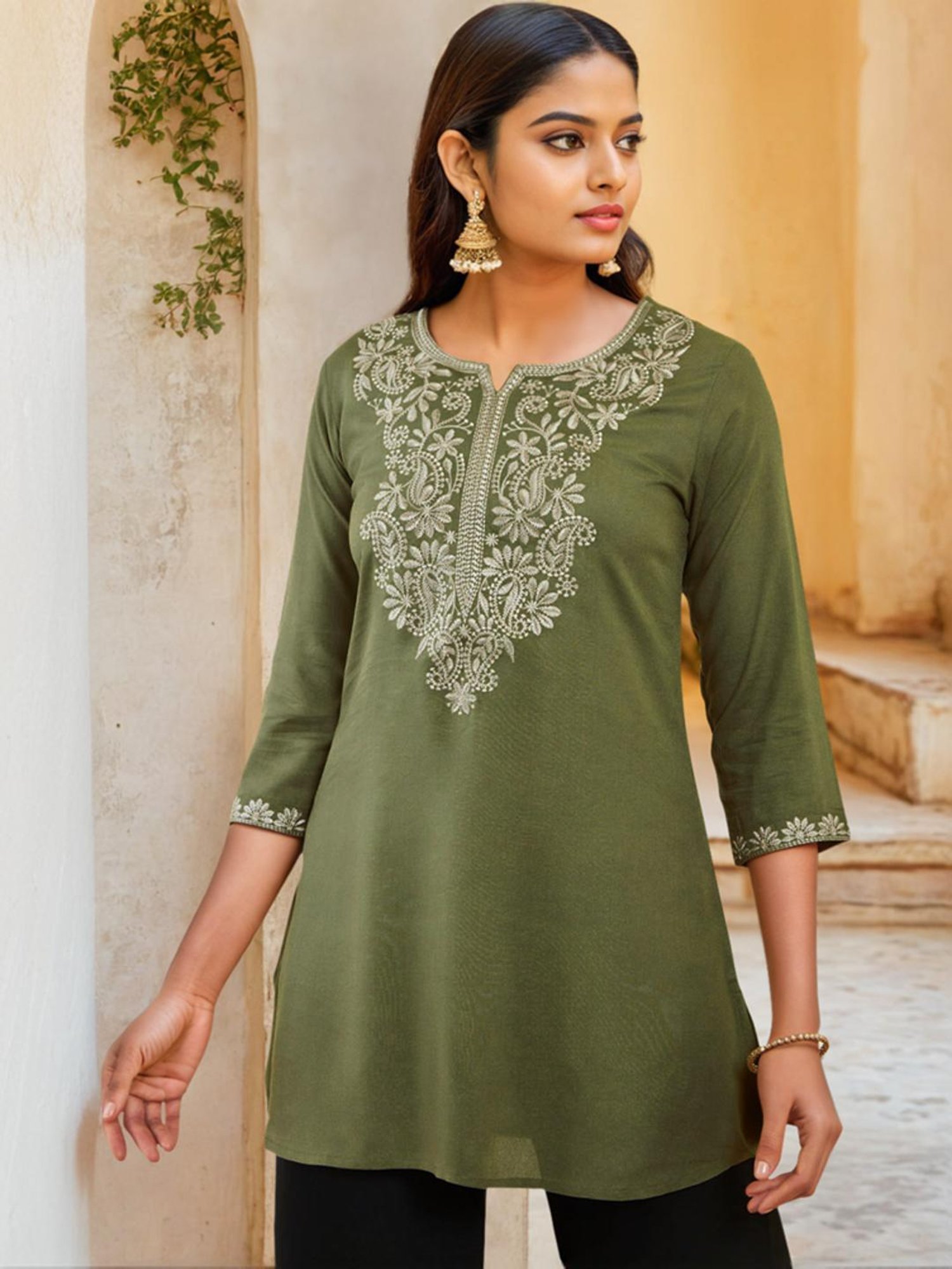 Soch Olive Rayon Paisley Embroidered A-Line Tunic with Vented Hemline