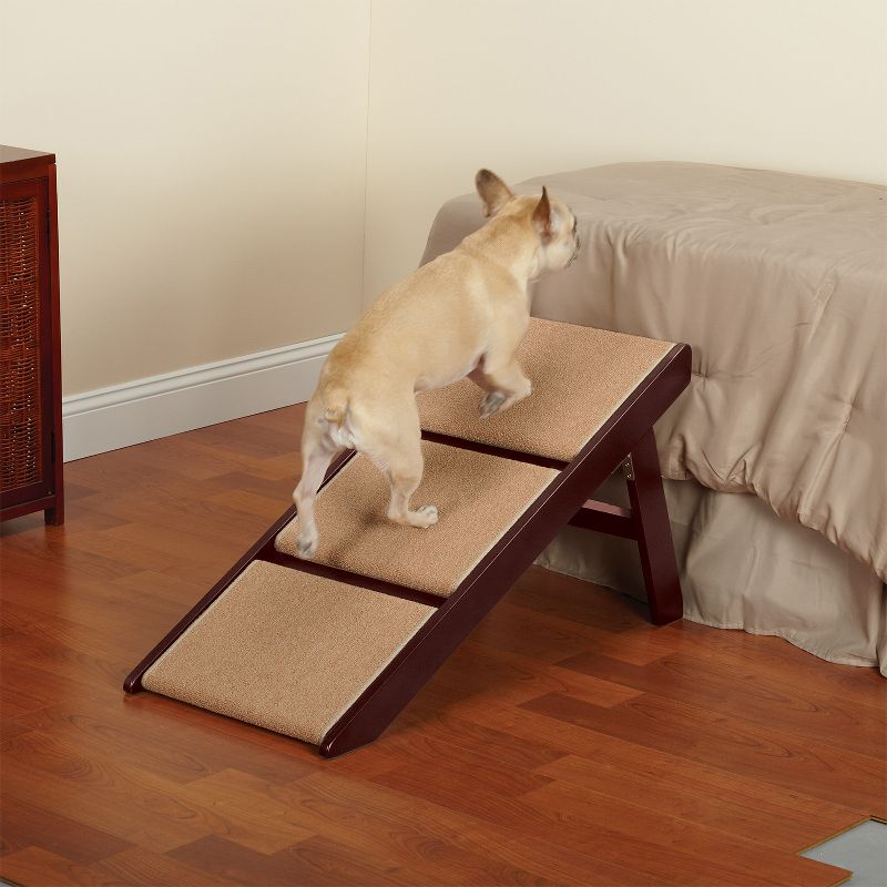 Pet Studio Convertible Foldable Dog Ramp with 3 Non Slip Carpeted Steps and Durable Pine Frame, Mahogany Brown Finish