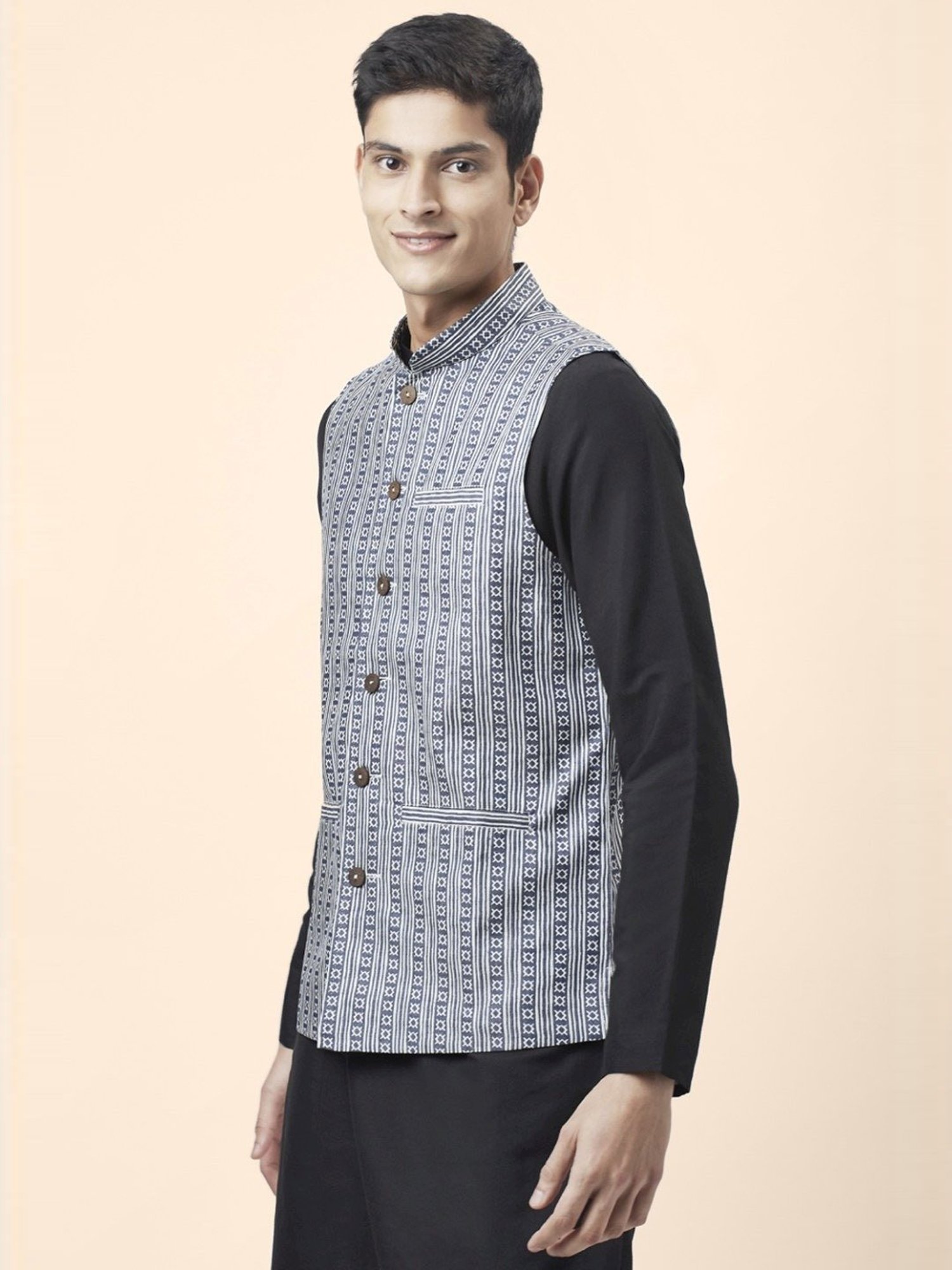 Indus Route By Pantaloons Blue Cotton Regular Fit Printed Nehru Jacket