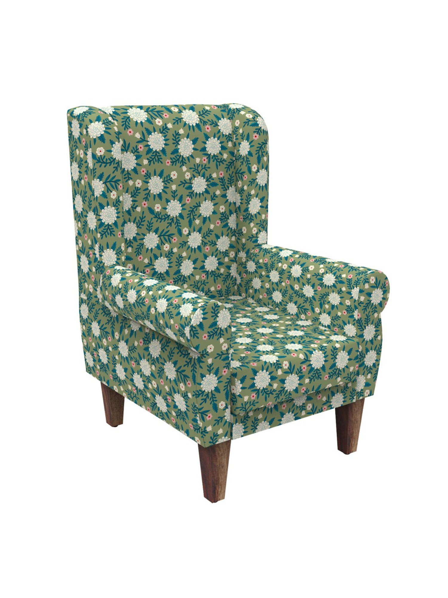 Chumbak Spring Marigold Floral Green Sheesham Wood Begum Wing Chair