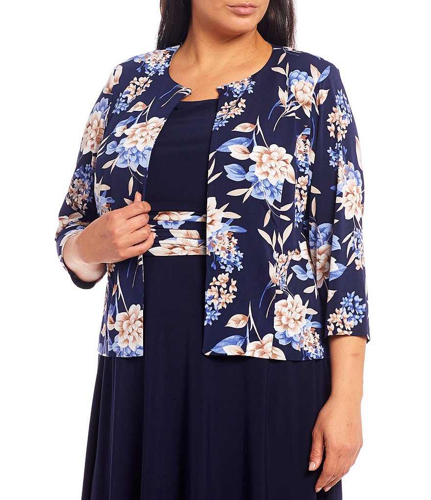 Jessica Howard Plus Size Crew Neck 3/4 Sleeve Printed Trapeze Dress