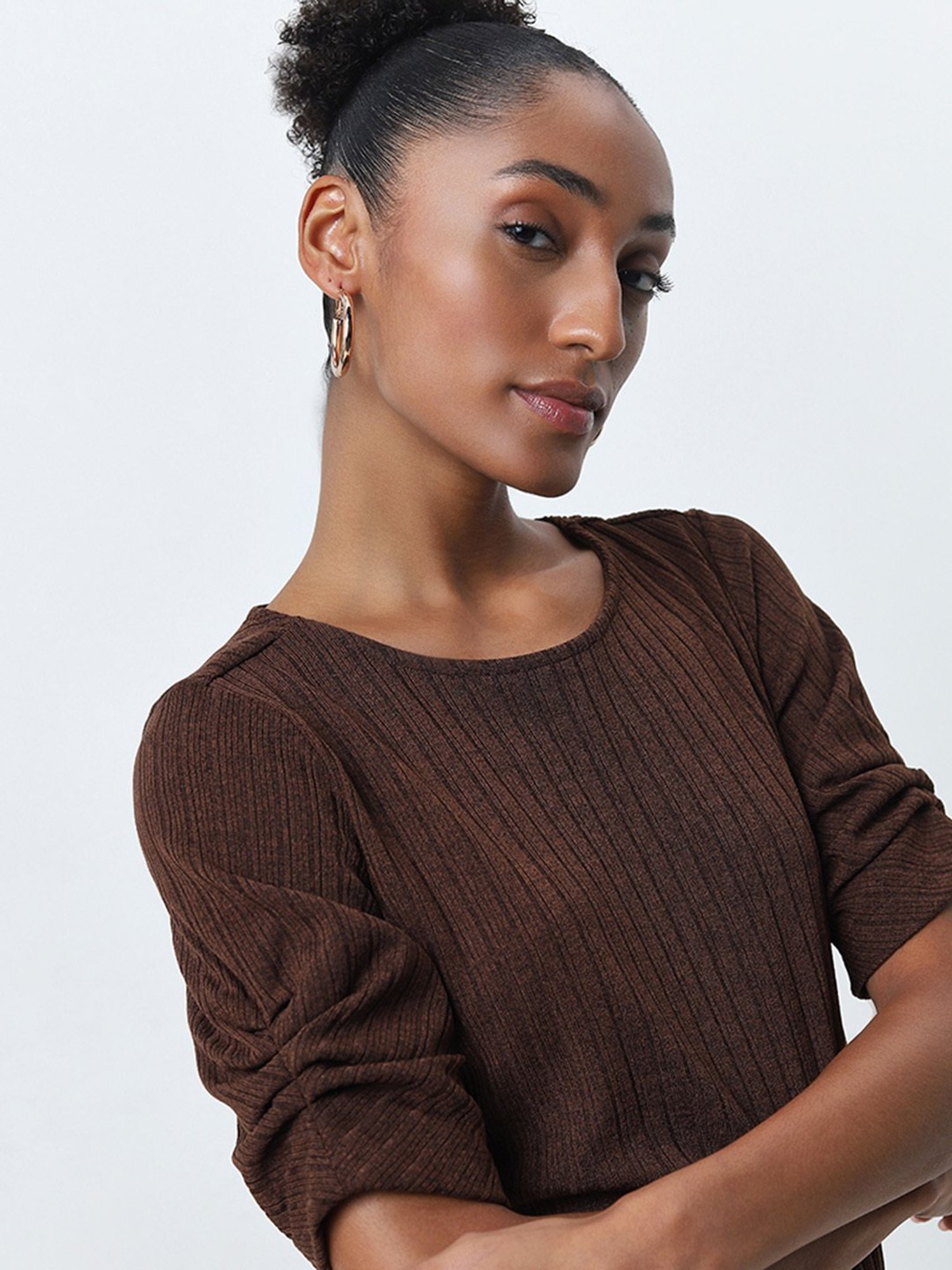Wardrobe by Westside Brown Ribbed Textured Top