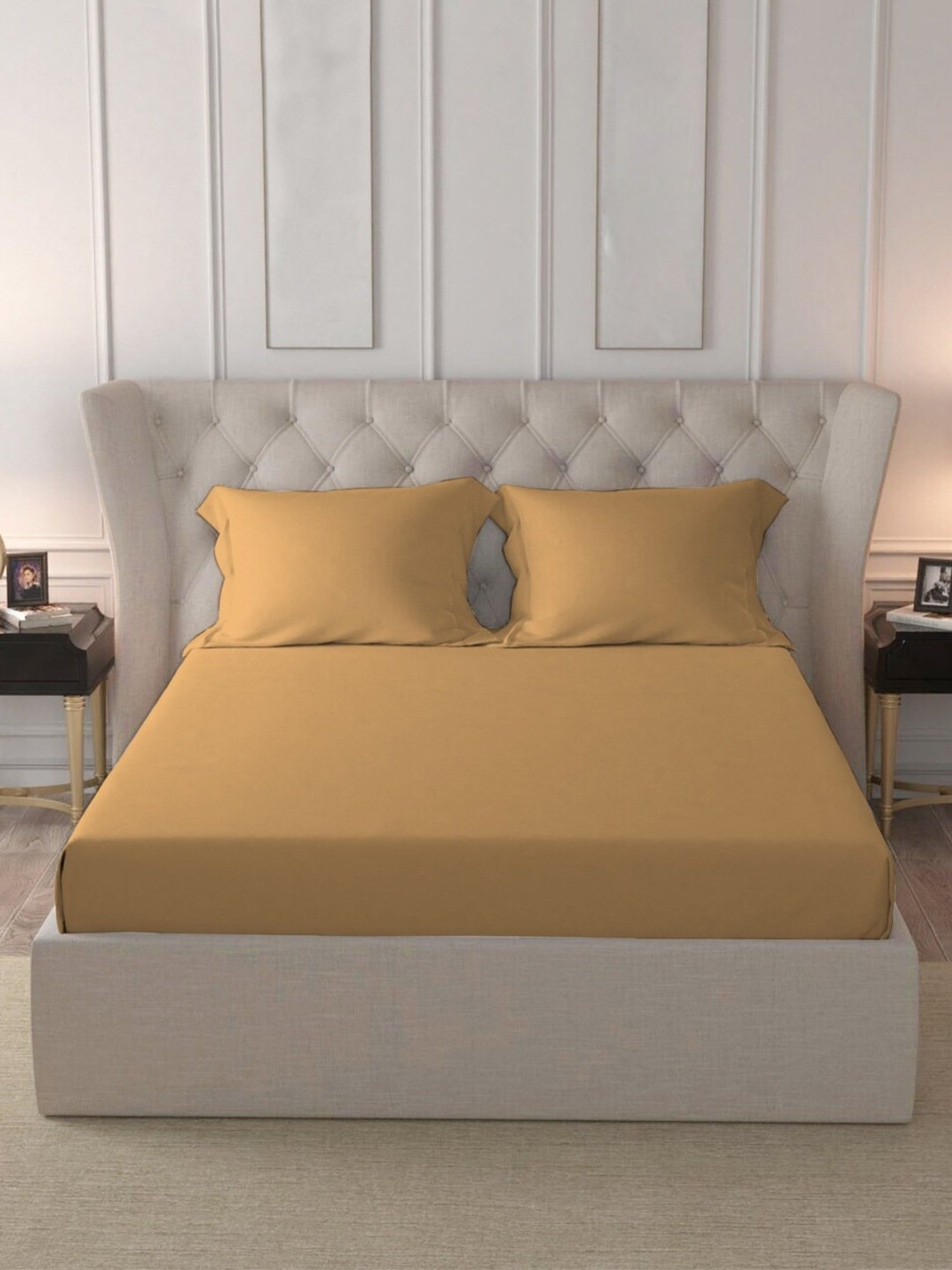 Pizuna Yellow 400 TC Cotton Double Bed Sheet with 2 Pillow Covers