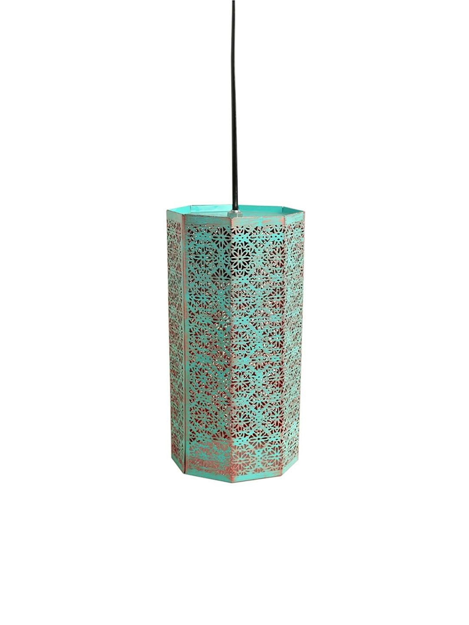 ExclusiveLane 'Morrocan Waves' Turquoise Blue & Red Iron Hand-Etched Pendant Lamp - Set of 1