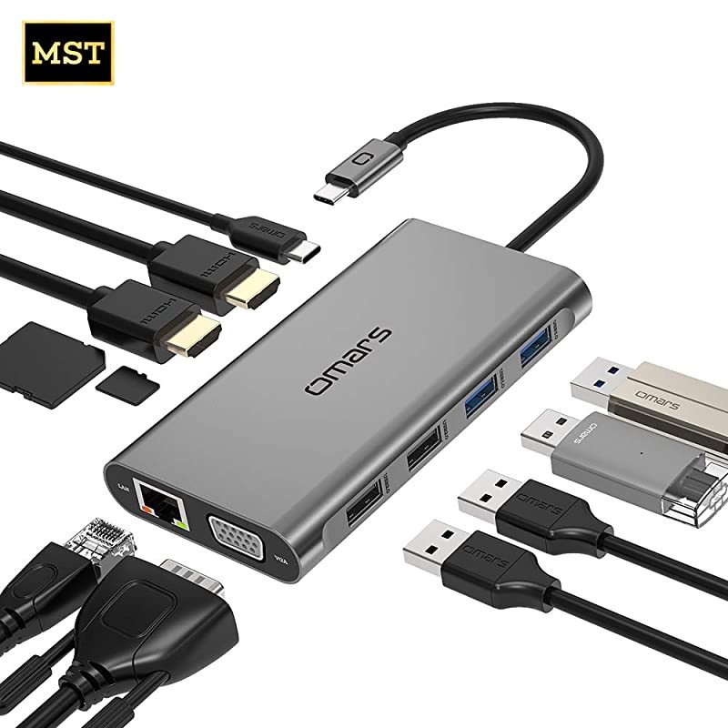 USB C Docking Station Dual Monitor 11 in 1 Triple Display USB C Hub 4K Type C Adapter for Laptop HP Dell MacBook Pro and Windows 2HDMI VGA PD30 SD TF Card Reader Gigabit Ethernet 4USB Ports