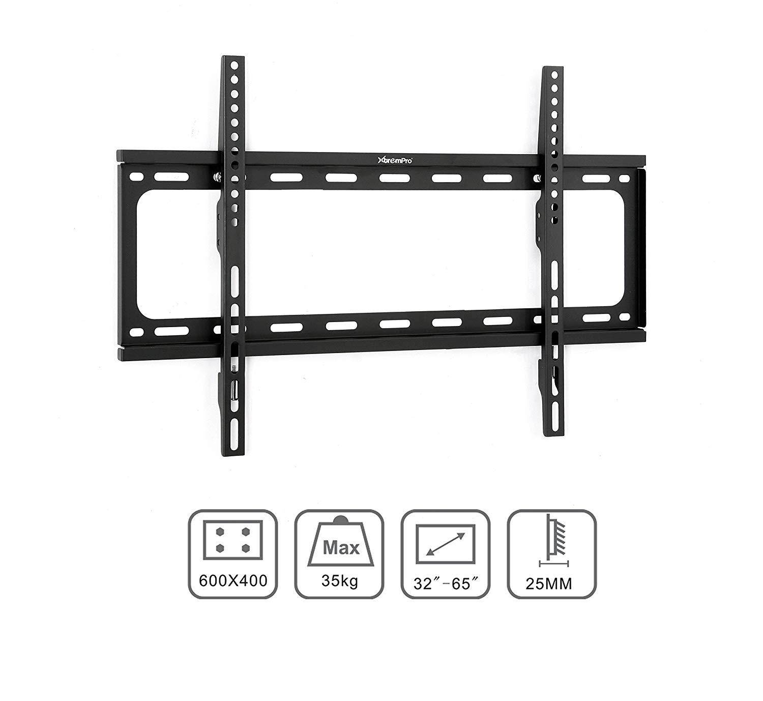Xtrempro Low-Profile TV Wall Mount 1" Slim Fixed Bracket w/ Magnetic Removable Bubble Level for 32 - 65 inch LCD, LED, 4K or Plasma TVs VESA up to 600 x 400, 77 lbs Loading Capacity - Black (41033)