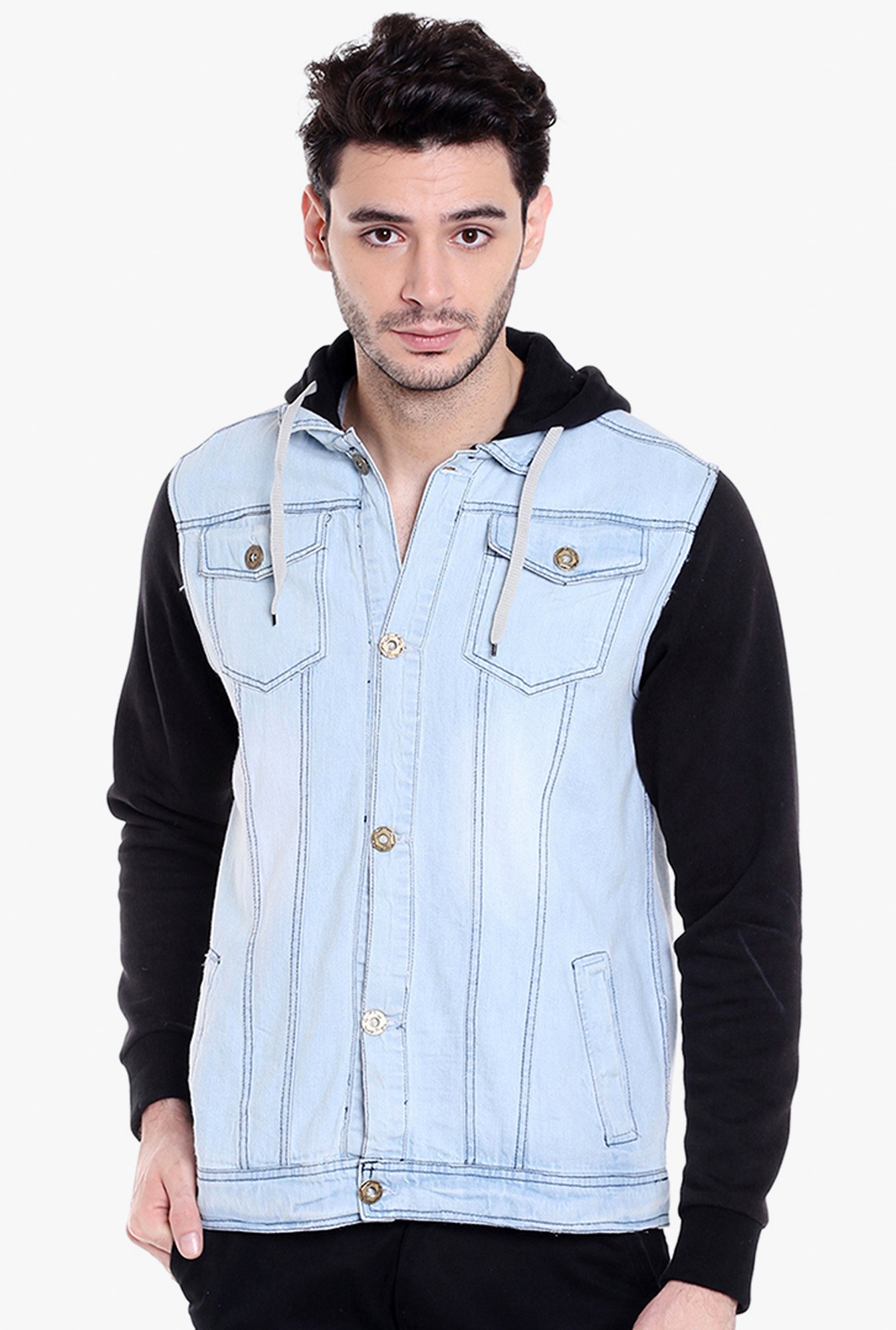 Campus Sutra Ice Blue & Black Cotton Jacket