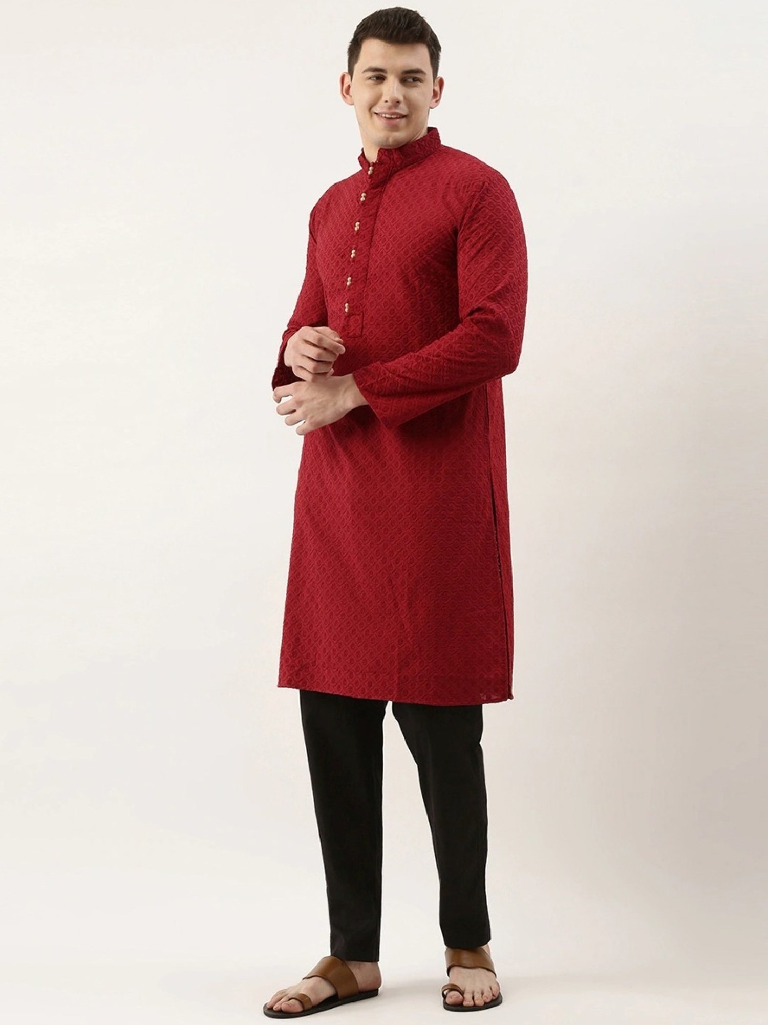 SWAGG INDIA Maroon Cotton Regular Fit Embroidered Kurta