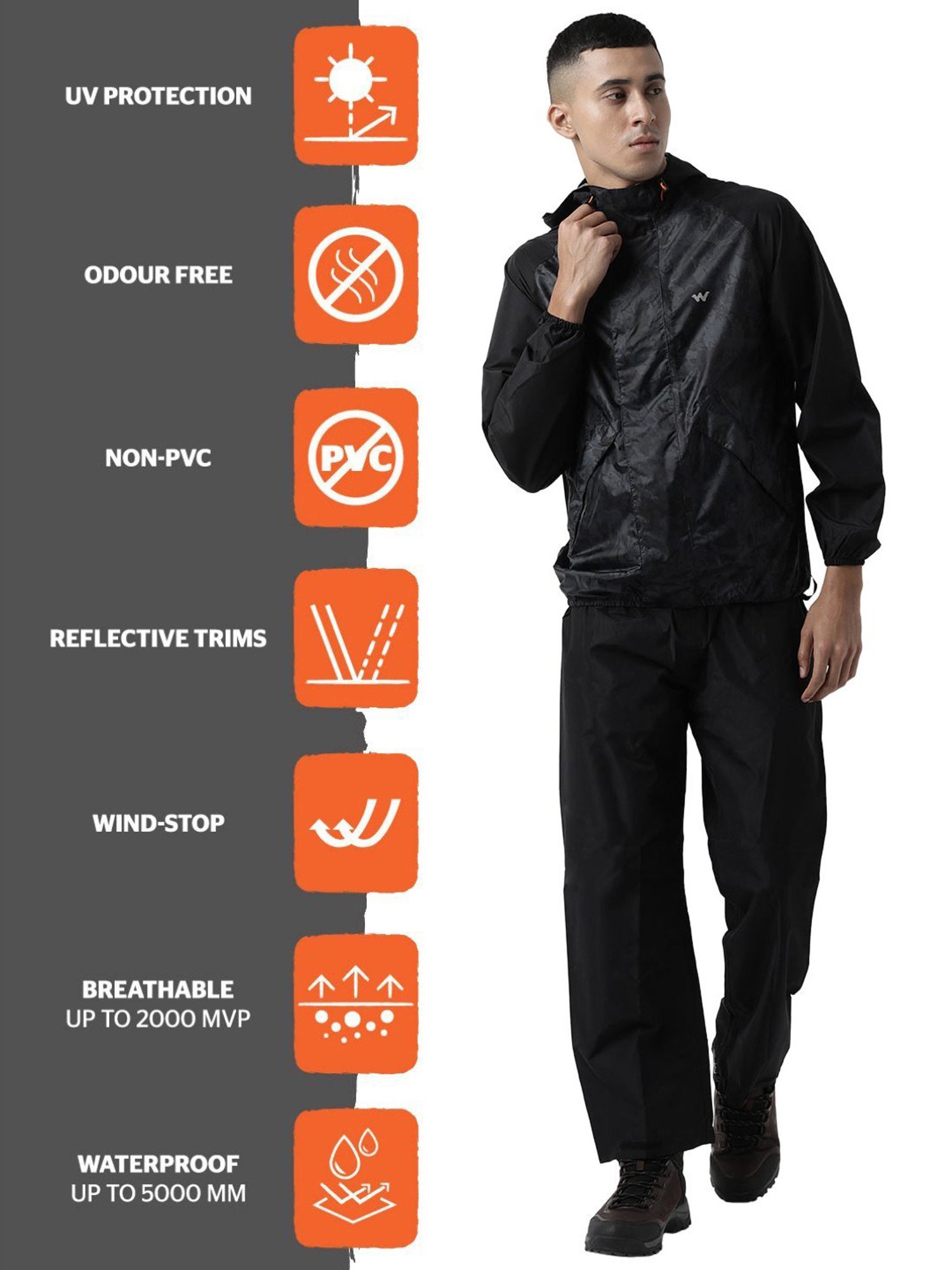 Wildcraft Jet Black Camo Print Hooded Raincoat Set