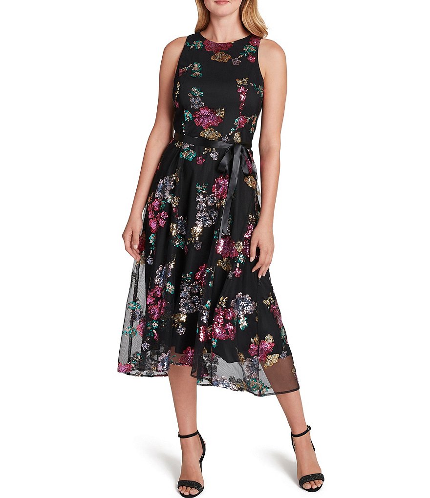 Tahari ASL Jewel Neck Sleeveless Floral Sequined Lace Cutaway Shoulder Tie Waist Midi Dress