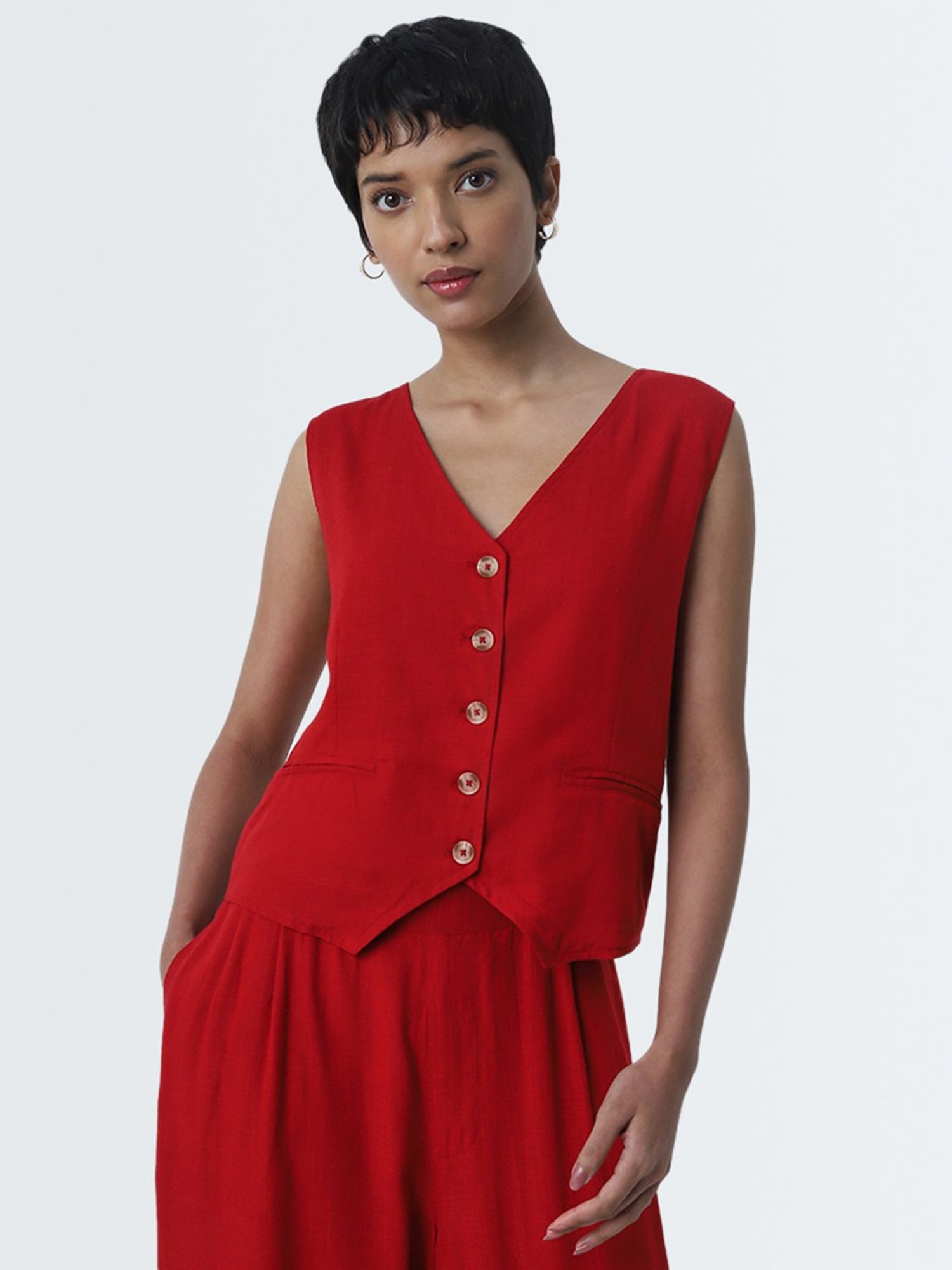 LOV by Westside Red Waistcoat-Style Blended Linen Top