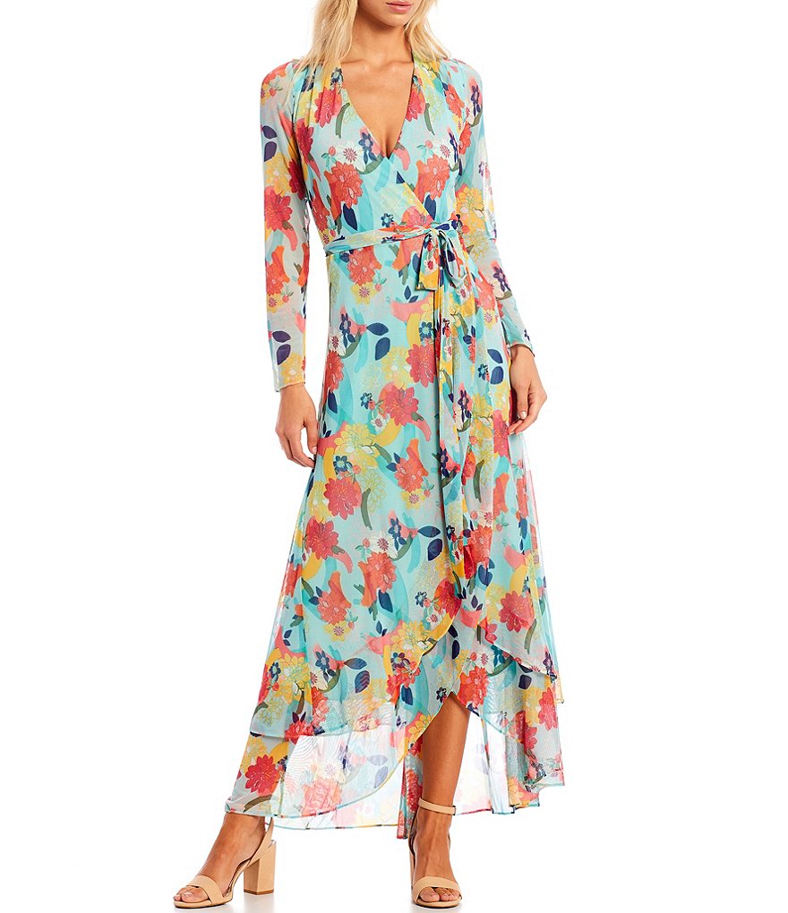Laundry by Shelli Segal Floral Wrap Midi V-Neck Long Sleeve Dress