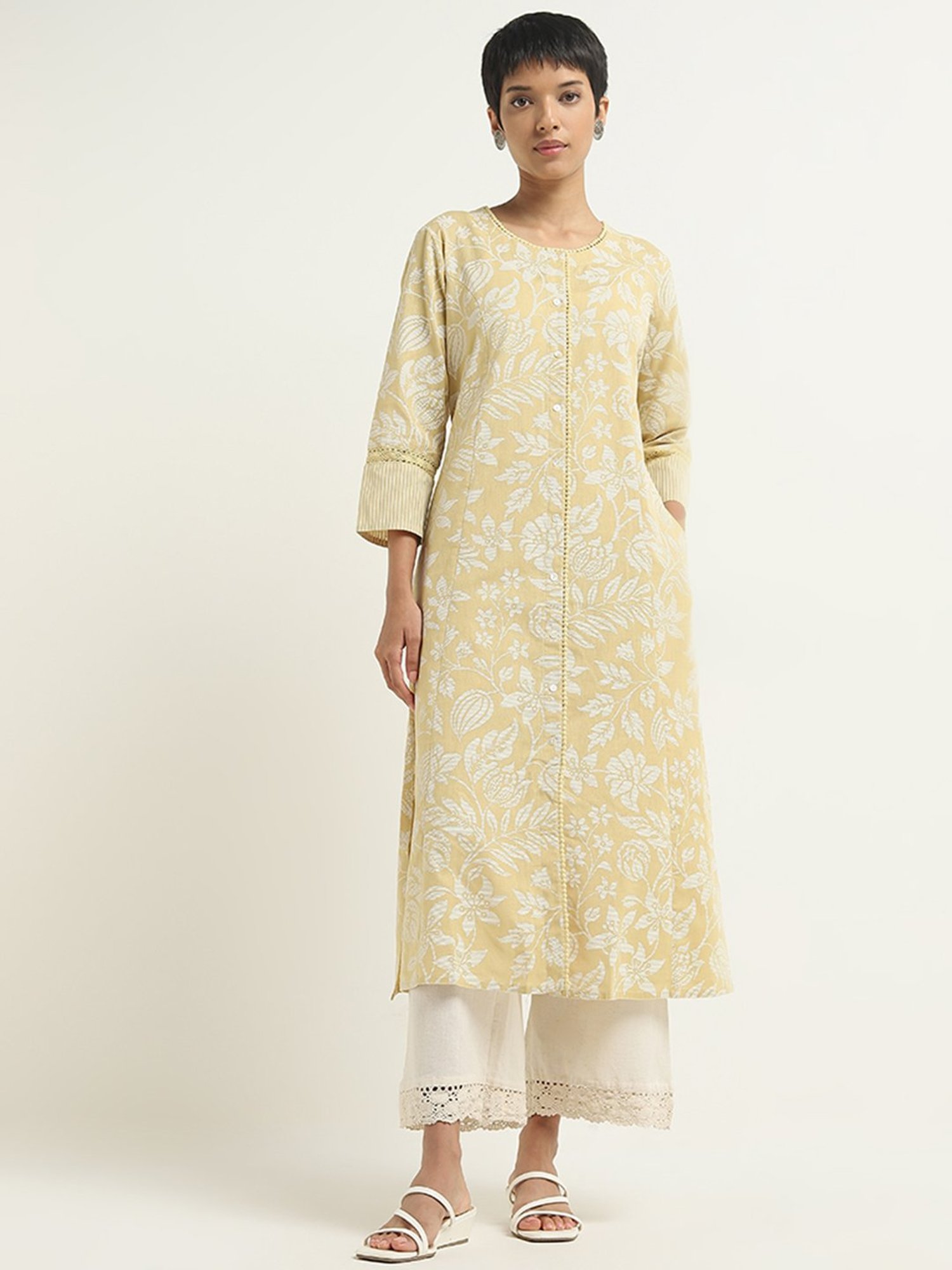 Utsa by Westside Yellow Botanical Printed A-Line Cotton Blend Kurta