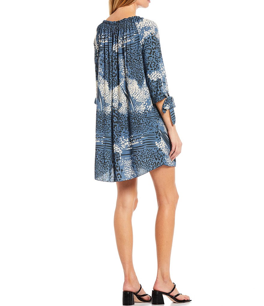 M Made in Italy Tie Sleeve Animal Print 3/4 Sleeve Boat Neck Shift Dress