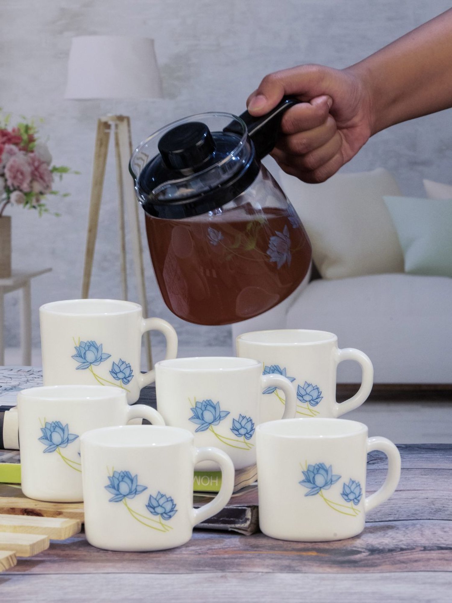 Cello Floral Multicolor Opalware Tea Set - Set of 6 Cups (180ml) & 1 Tea Pot (750ml)