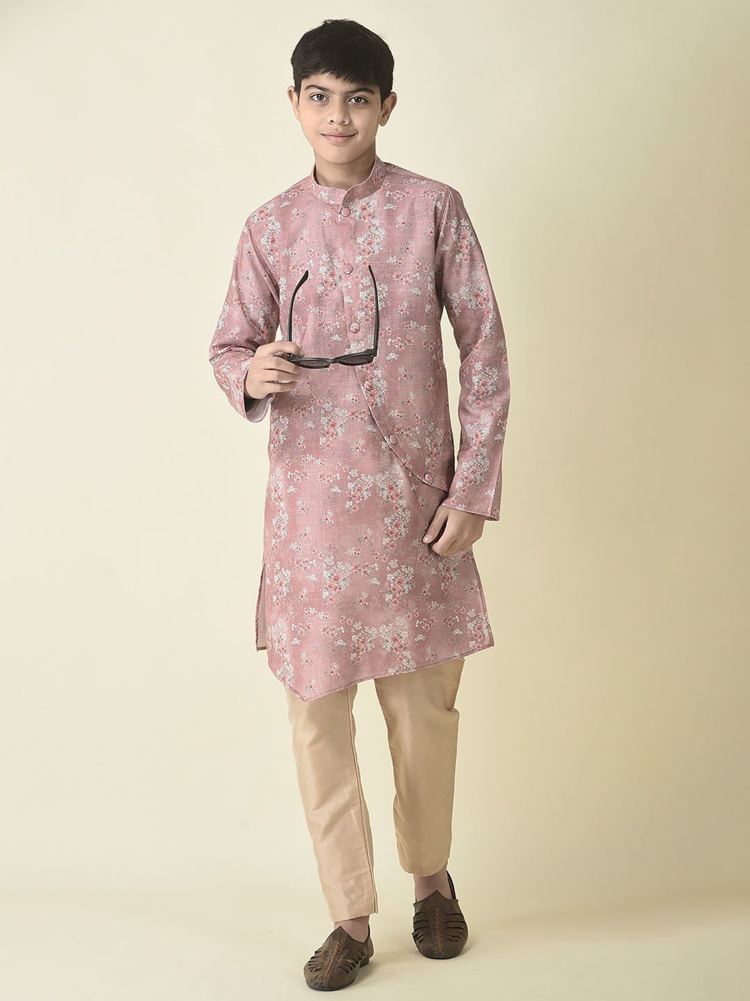TABARD Kids Pink Floral Print Full Sleeves Kurta