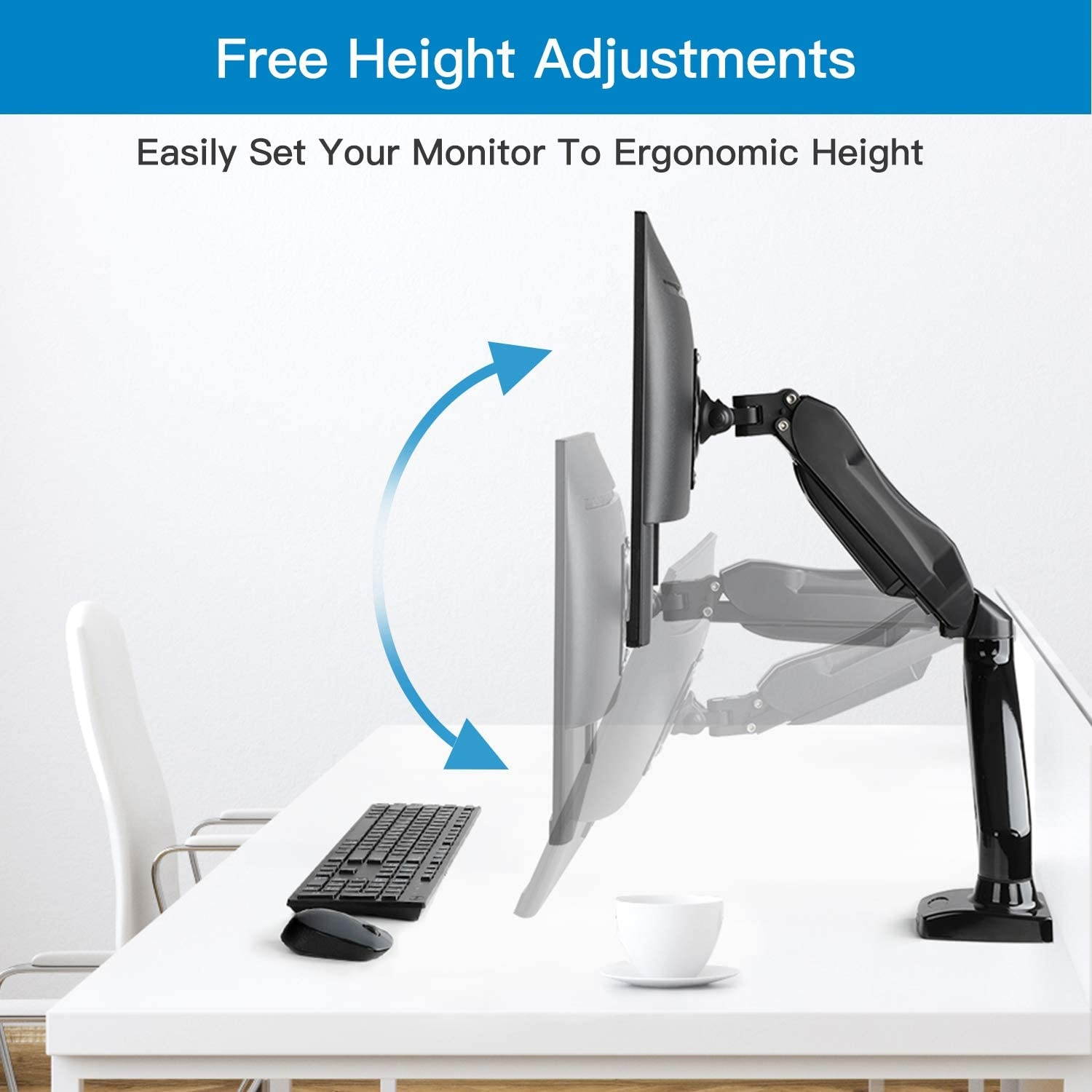 Single Monitor Mount - Articulating Gas Spring Monitor Arm, Adjustable VESA Mount Desk Stand with Clamp and Grommet Base - Fits 17 to 27 Inch LCD Computer Monitors 4.4 to 14.3lbs