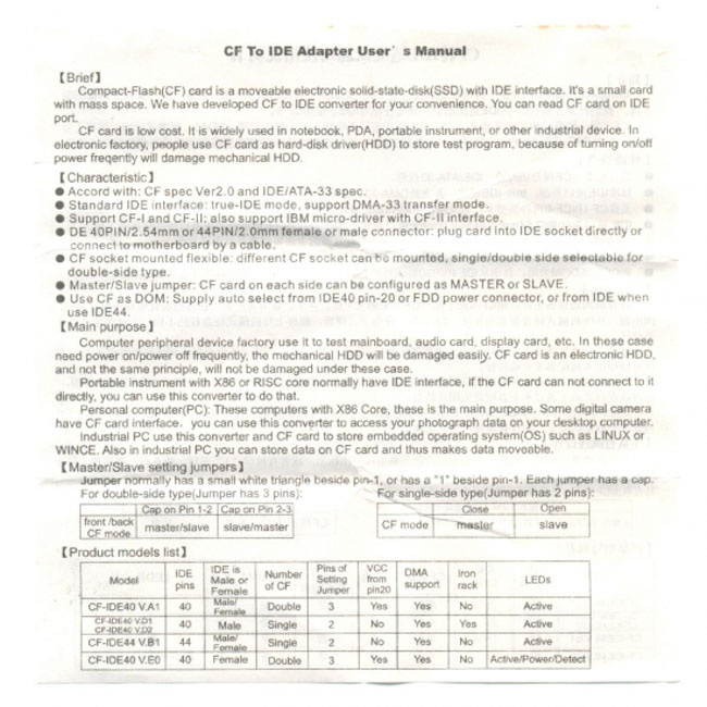 FVH CF Compact Flash Merory Card to Laptop 2.5" 44 Pins Male IDE Hard Disk Drive HDD SSD Adapter EP-030