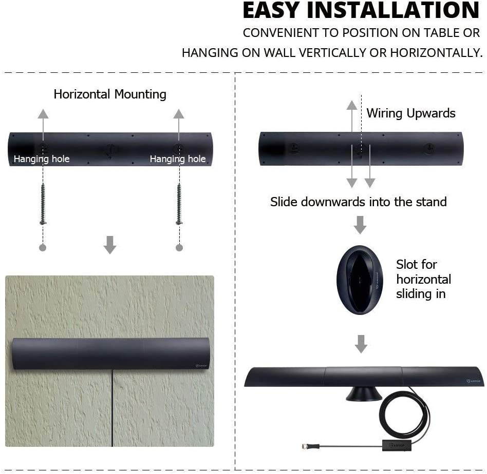 ANTOP HDTV Antenna 65 Miles Range Smartpass Amplified Digital TV Antenna Indoor with 10ft Detachable Coaxial Cable, Multi-Directional Reception and Built-in 4G LTE Filter (Black)