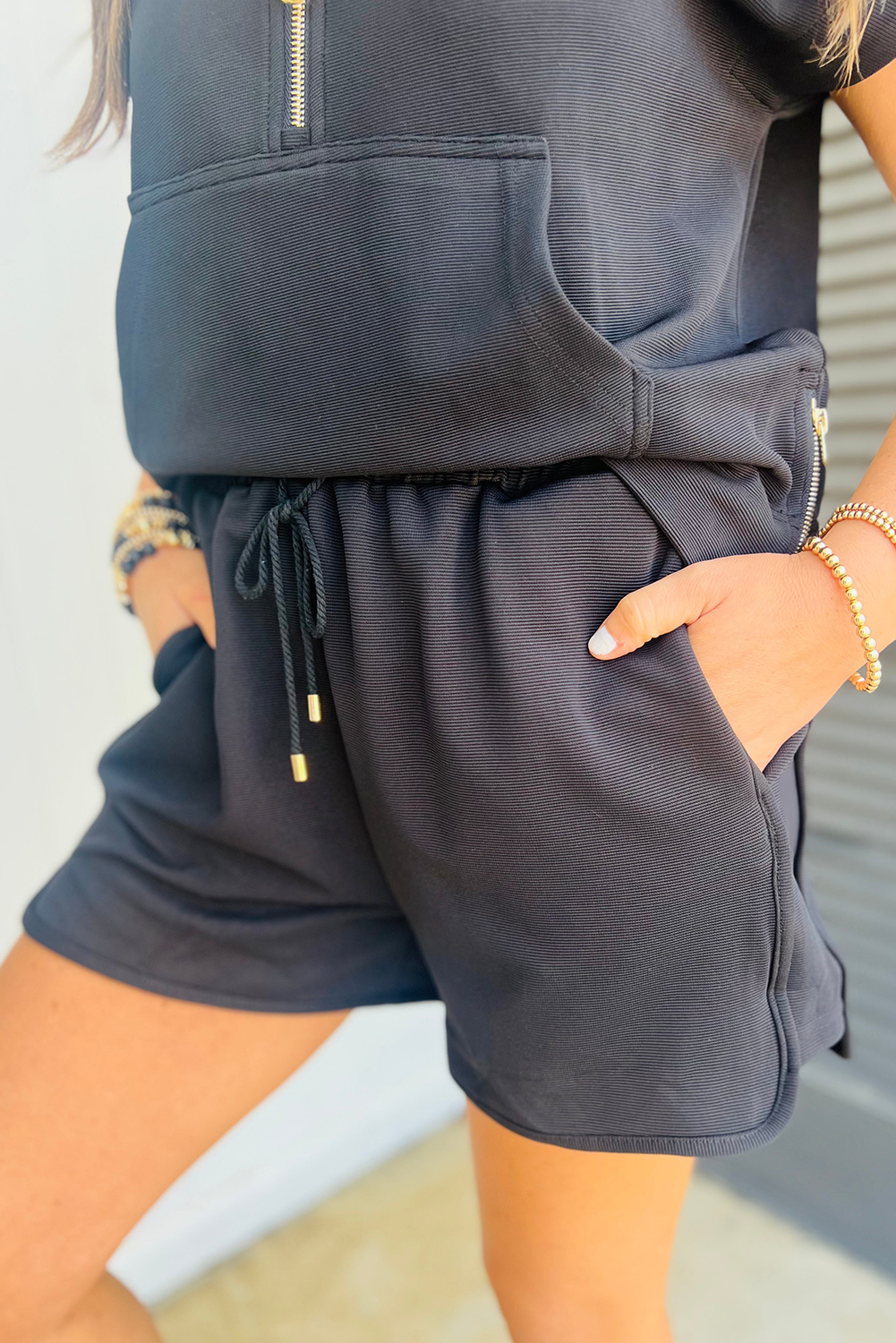 Skobeloff Textured Ruffle Split Top and Drawstring Shorts Set