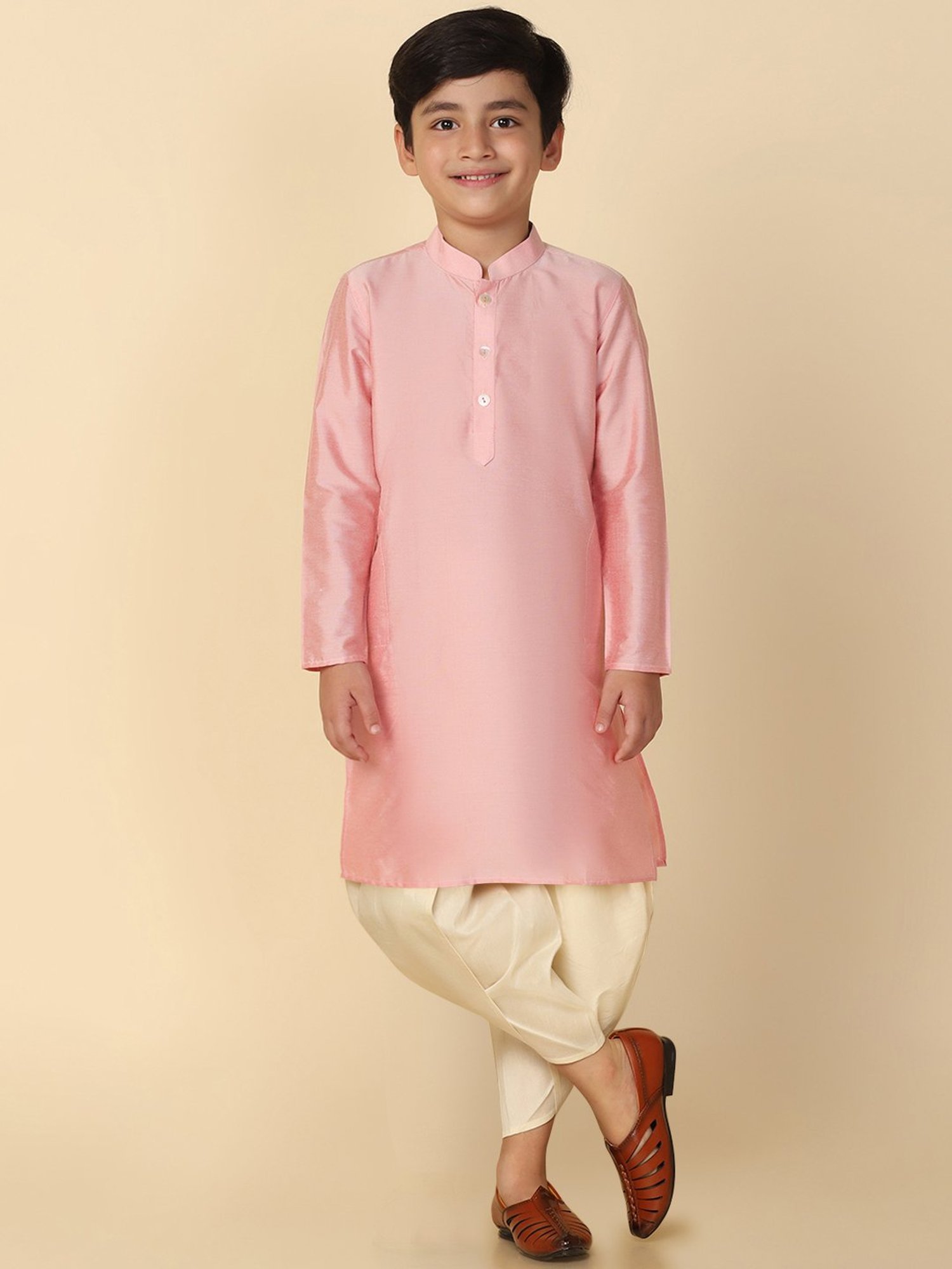 KISAH Kids Pink & Cream Solid Full Sleeves Kurta with Dhoti