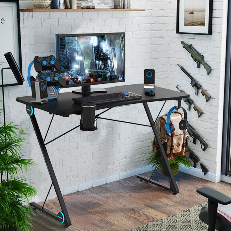 Gaming Desk, PC Computer Desk Gaming Desk with LED Light, Gaming Handle Rack, Cup Holder and Headphone Hook Holder, Z-Shaped E-Sport Gamer Workstation, Ergonomic Gaming Table for Home Office, Black