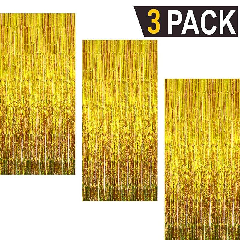 32 ft x 98 ft Metallic Tinsel Foil Fringe Curtains for Party Photo Backdrop Wedding Decor Gold3 pcs